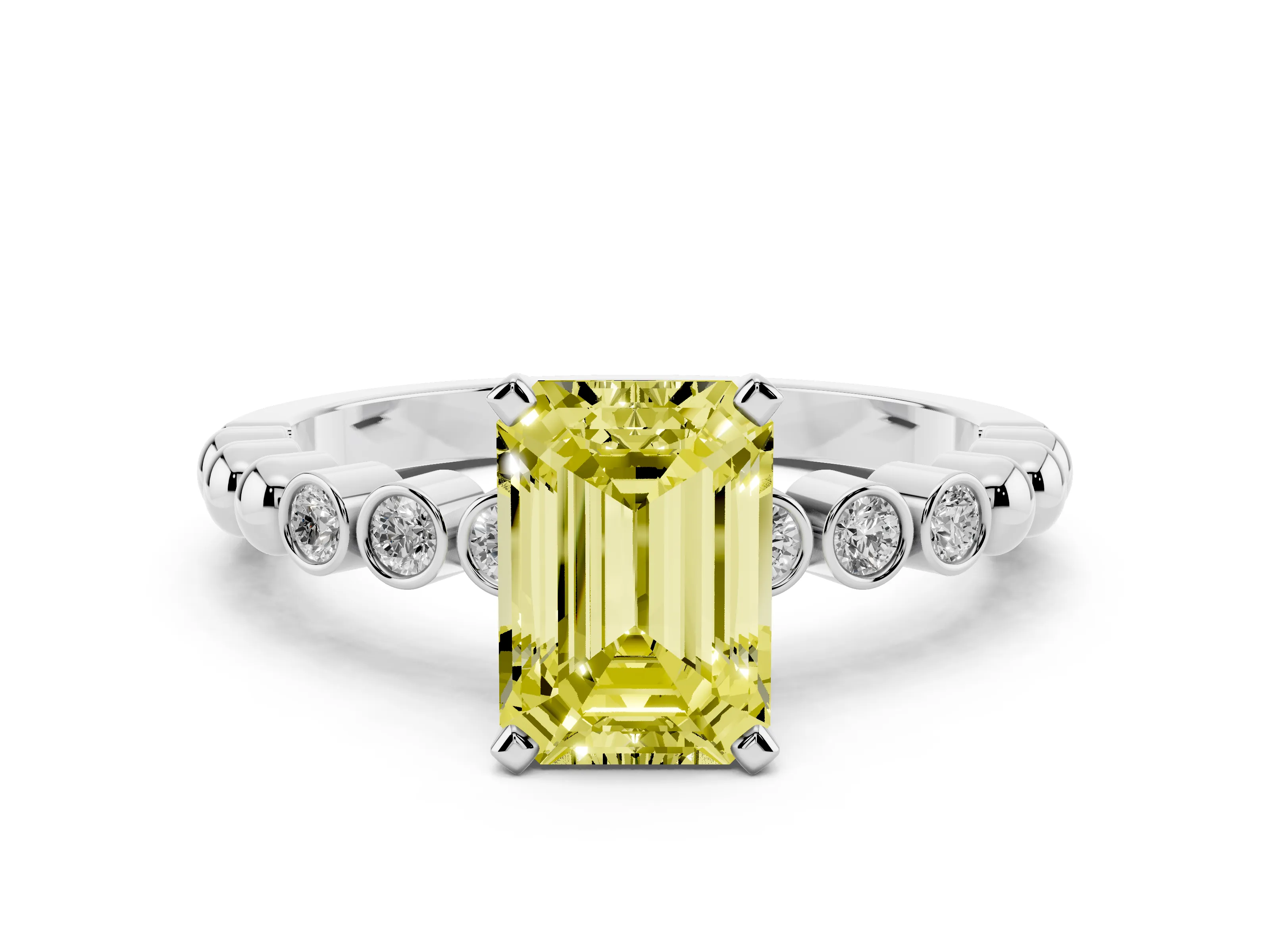 Fancy Yellow Emerald Cut Diamond Solitaire Engagement Ring Set in Silver with Bezel Accents on Beaded Band