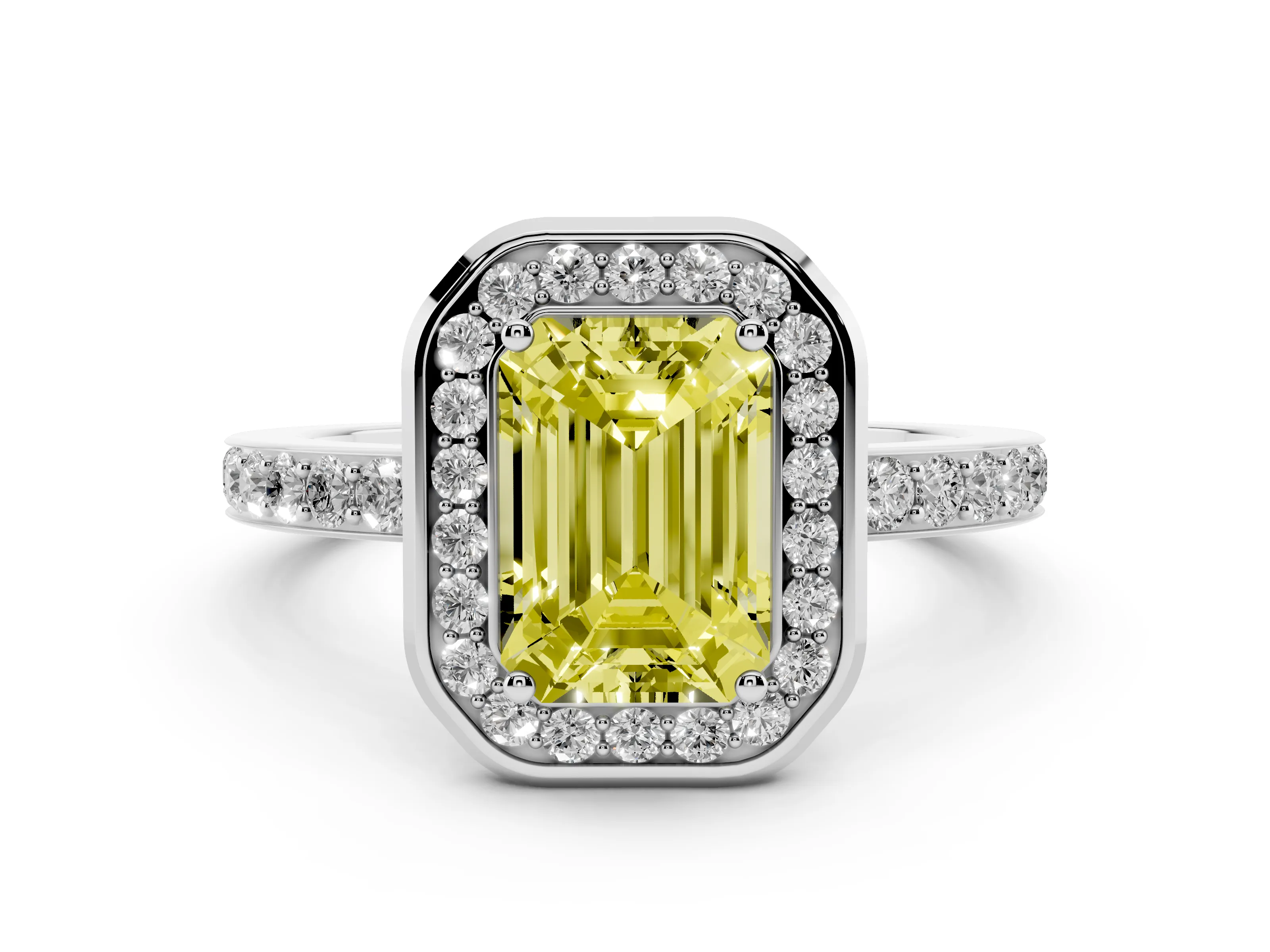 Fancy Yellow Emerald Cut Diamond Halo Ring Set in Silver with Bezel Frame and Pavé Band
