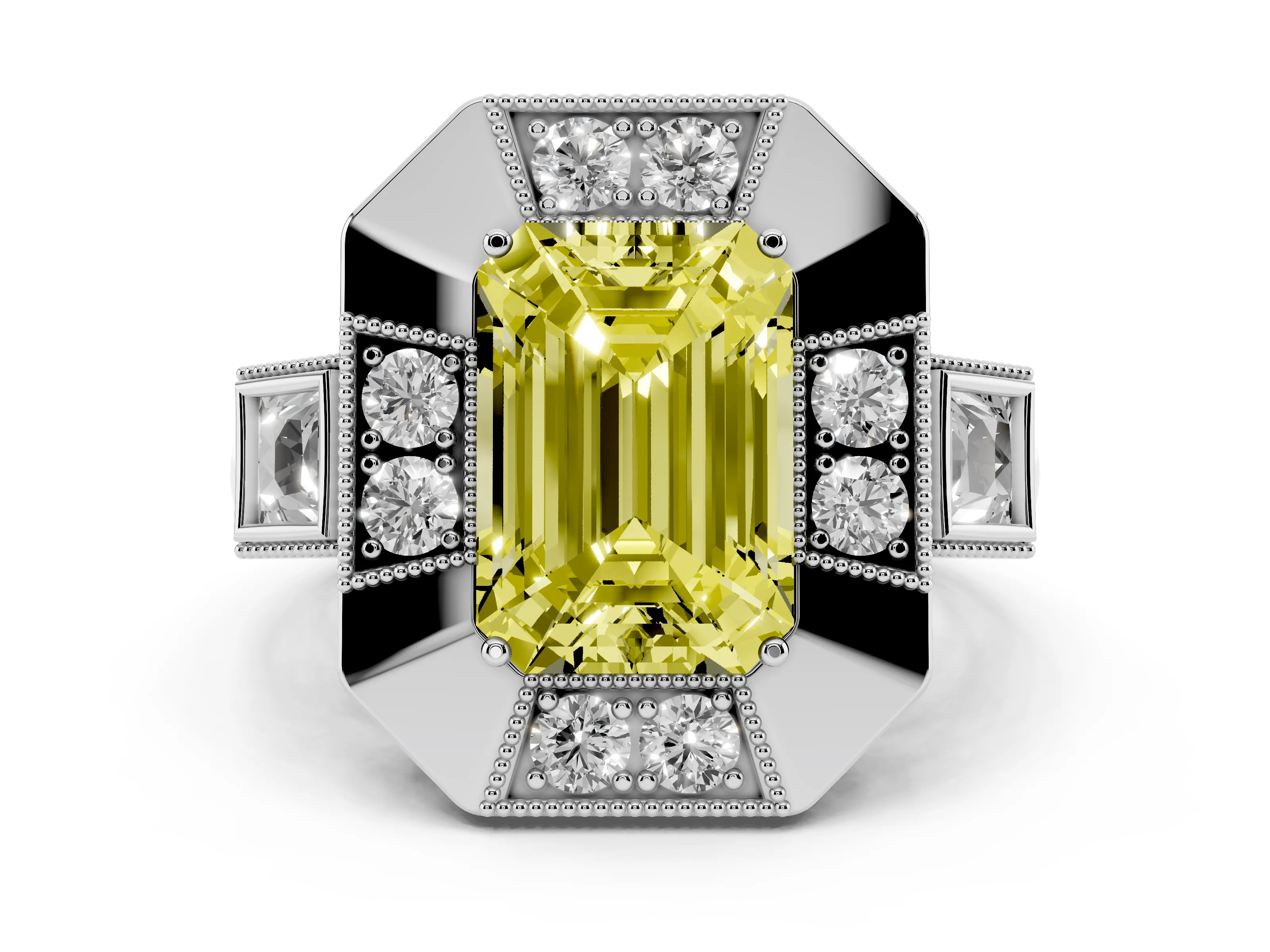 Fancy Yellow Emerald Cut Diamond Milgrain Halo Ring Set in Silver with Split Shank