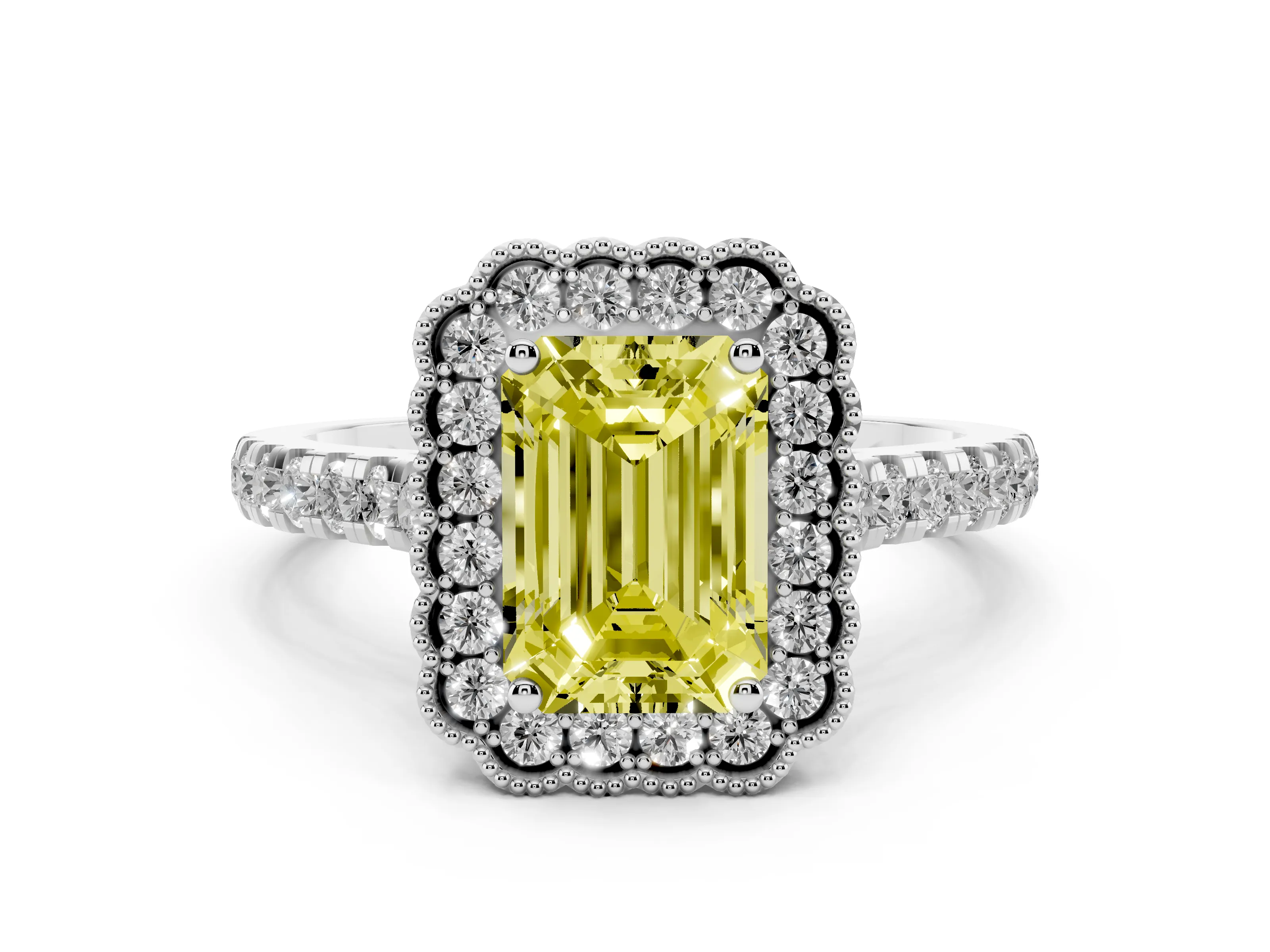 Fancy Yellow Emerald Cut Diamond Milgrain Floral Halo Engagement Ring Set in Silver with Pavé Band