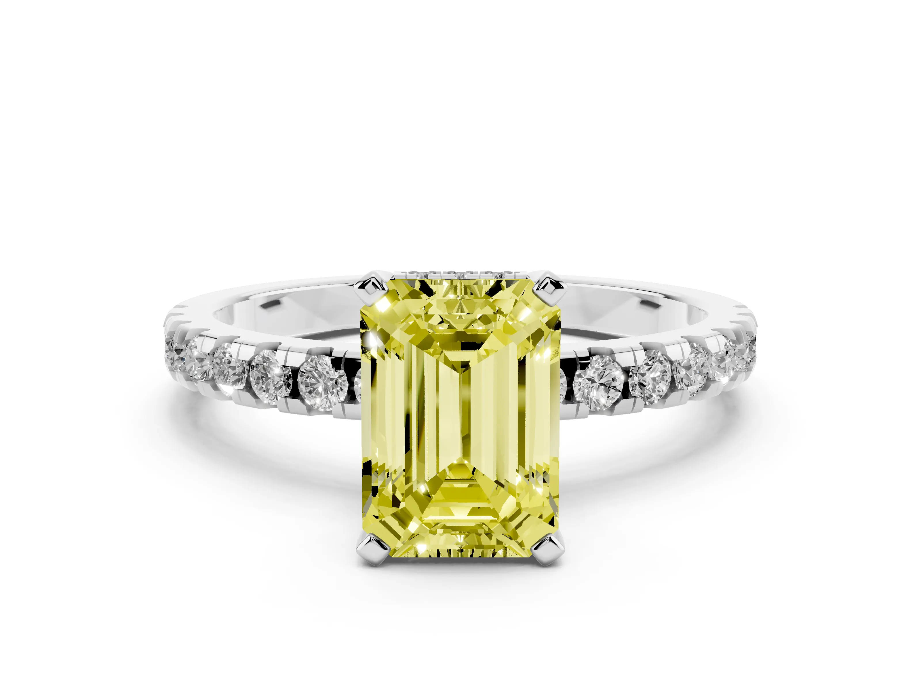 Fancy Yellow Emerald Cut Diamond Pavé Solitaire Ring Set in Platinum with Round Band Accents and Prong Setting