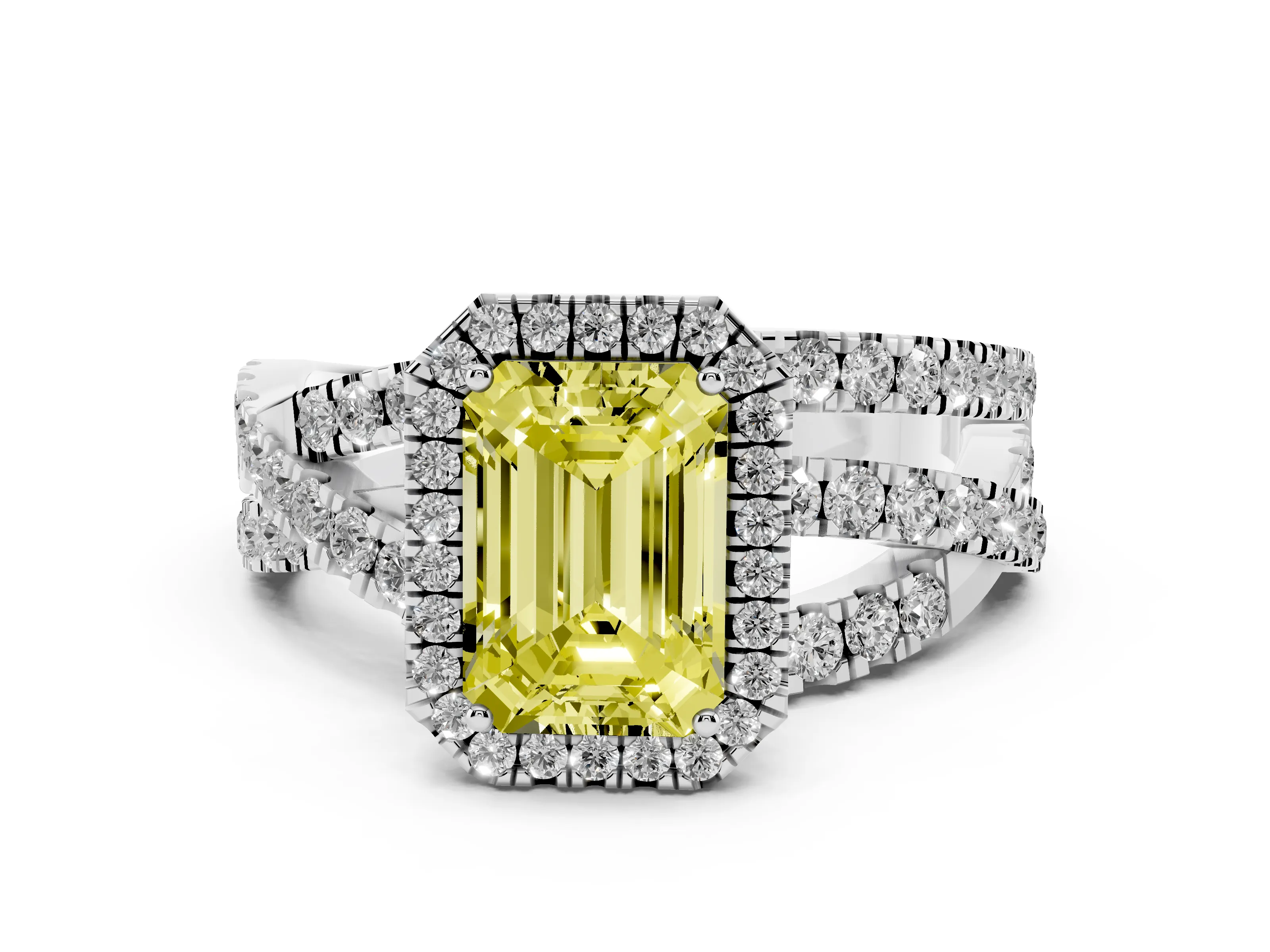 Fancy Yellow Emerald Cut Diamond Halo Ring Set in Platinum with Round Crossover Split Shank and Prong Setting