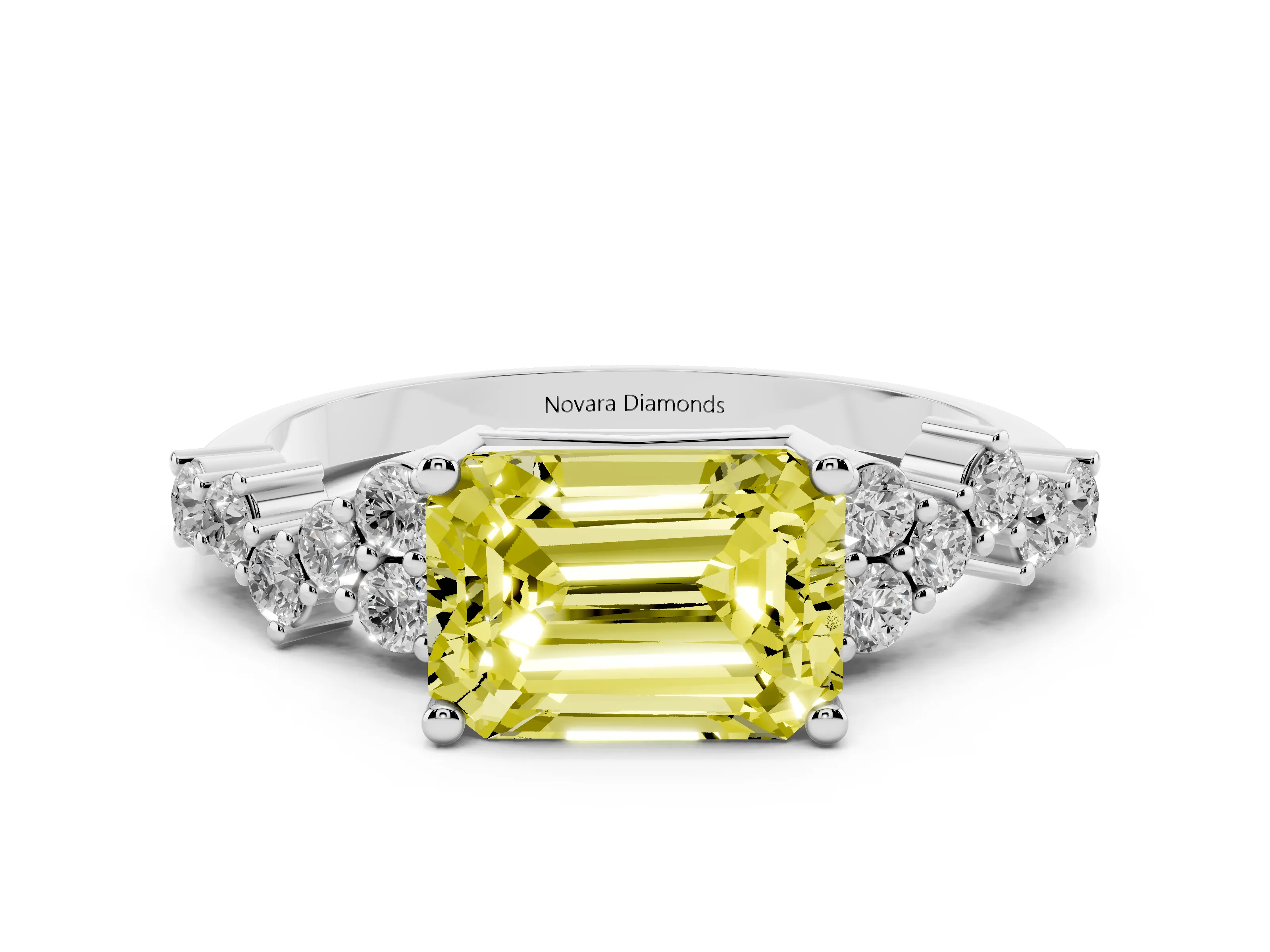 Fancy Yellow Emerald Cut Diamond Ring Set in Platinum with Scattered Round Accents