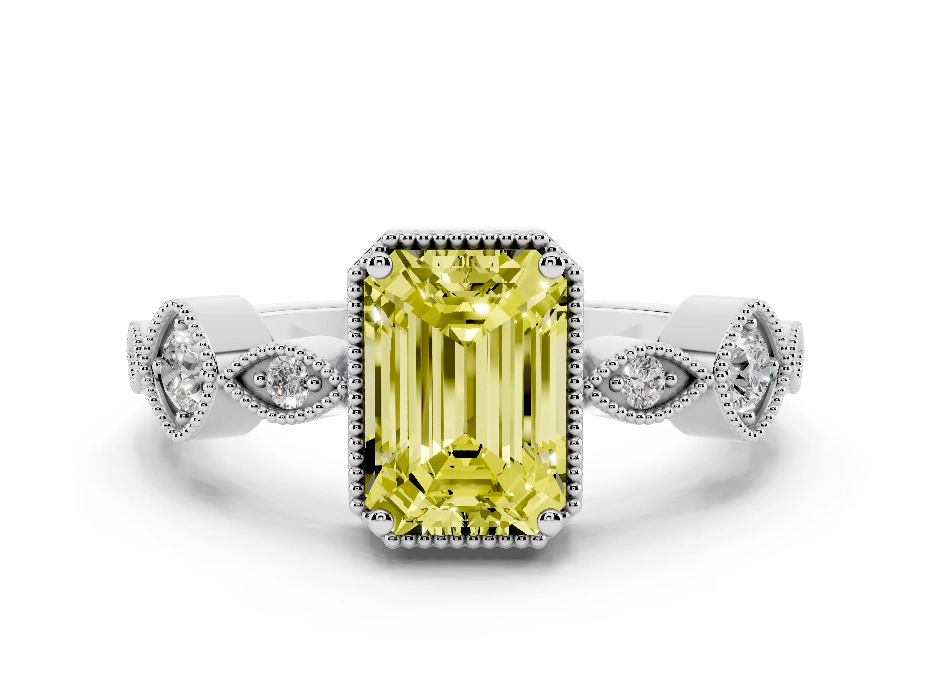 Fancy Yellow Emerald Cut Diamond Vintage-Inspired Milgrain Ring Set in Platinum with Marquise Stations of Round Accents