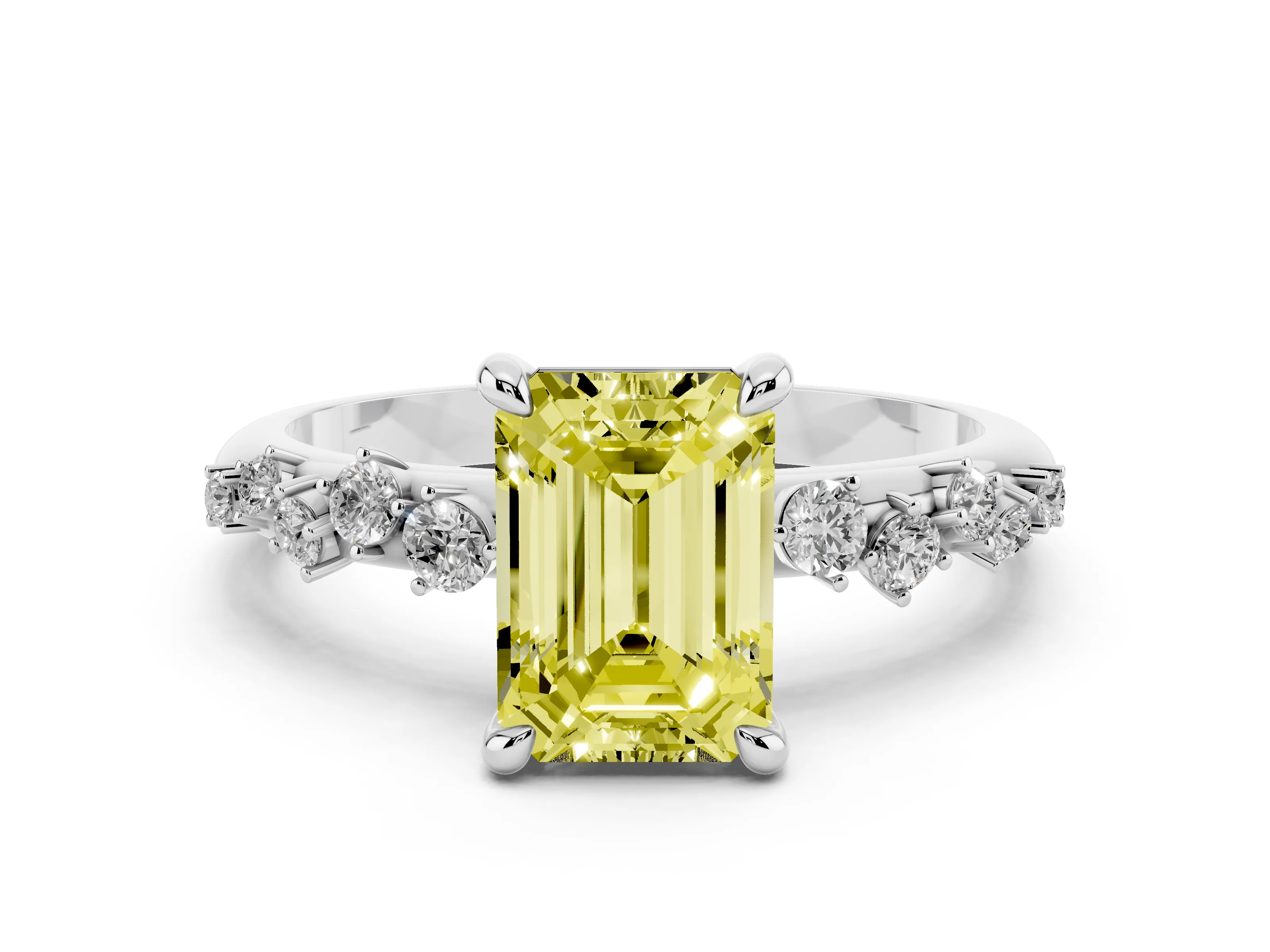 Fancy Yellow Emerald Cut Diamond Solitaire Vine Band Ring Set in White gold with Round Accents and Prong Setting