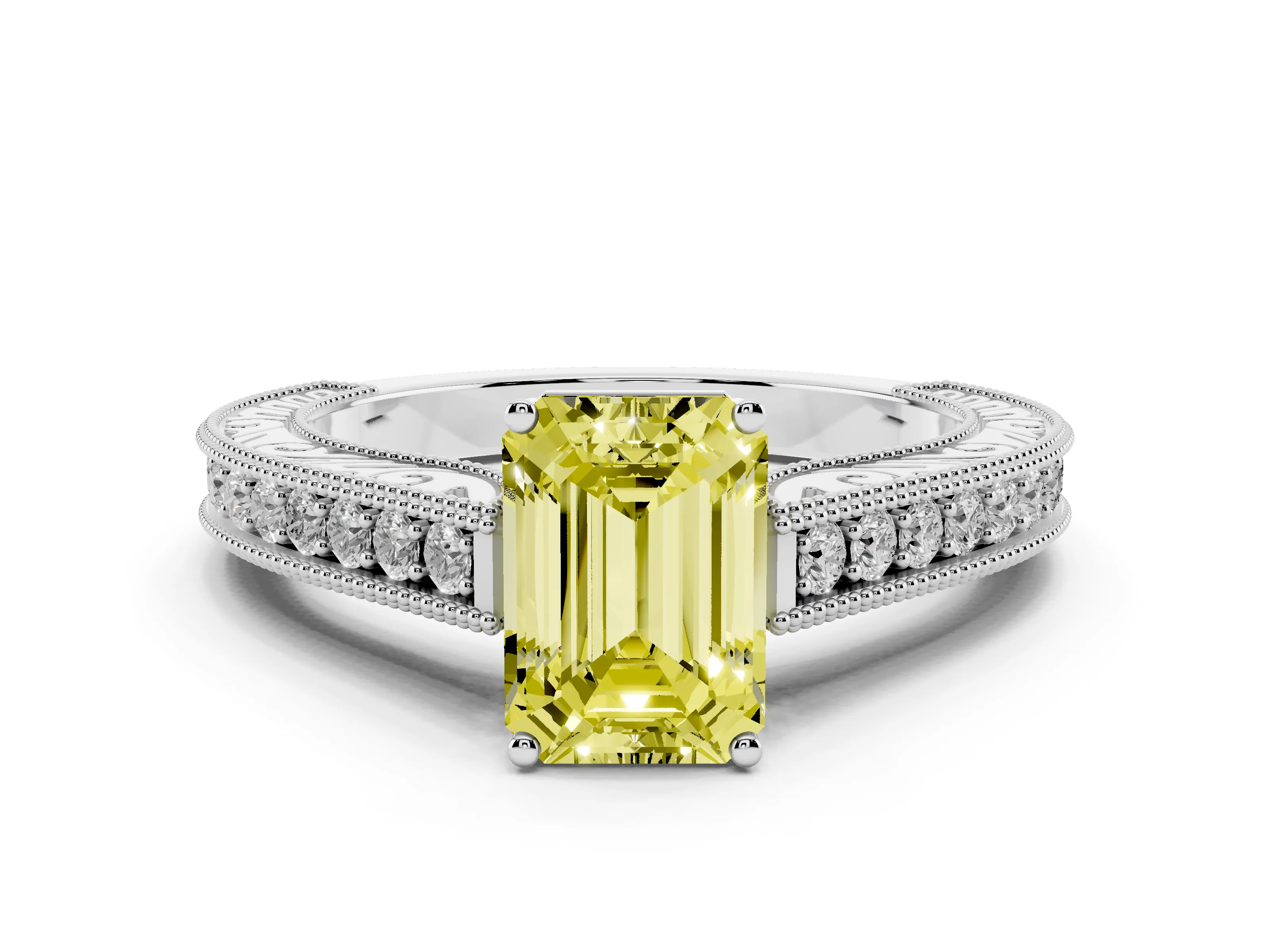 Fancy Yellow Emerald Cut Diamond Milgrain Pavé Band Solitaire Ring Set in White gold with Prong Setting