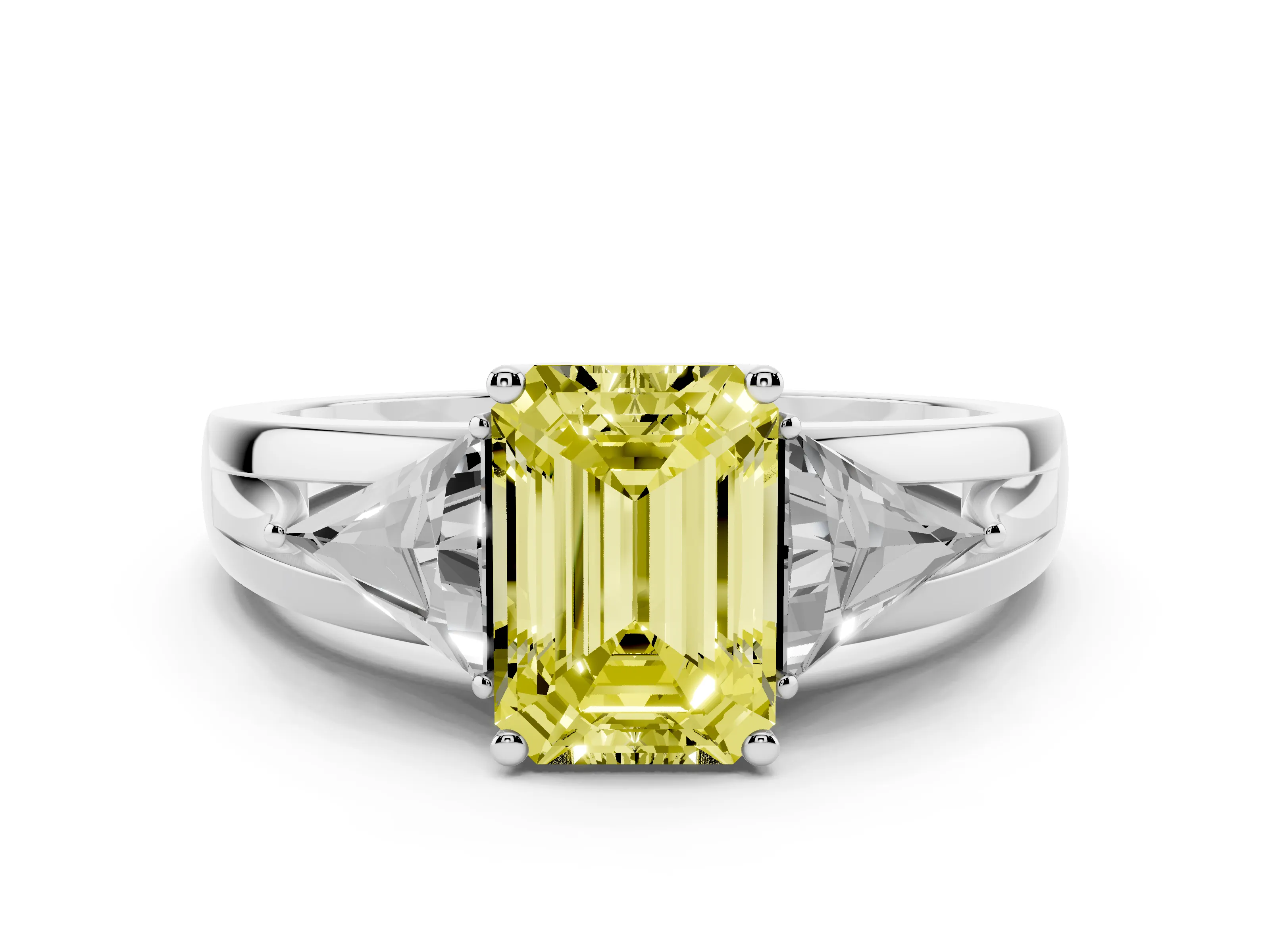 Fancy Yellow Emerald Cut Diamond Three-Stone Ring Set in White gold with Trillion Side Stones and Split Shank