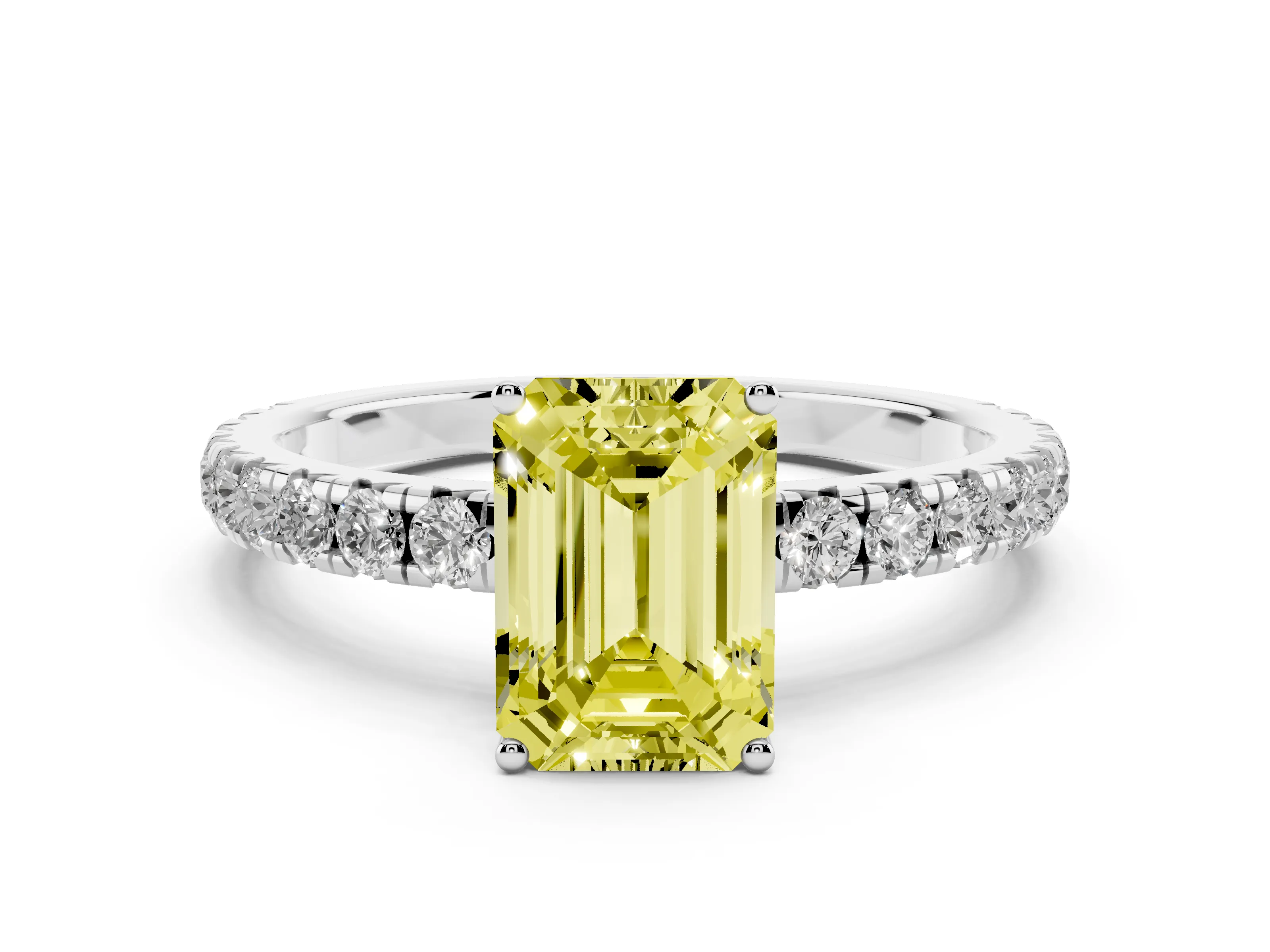 Fancy Yellow Emerald Cut Diamond Pavé Solitaire Engagement Ring Set in Platinum with Prong Setting