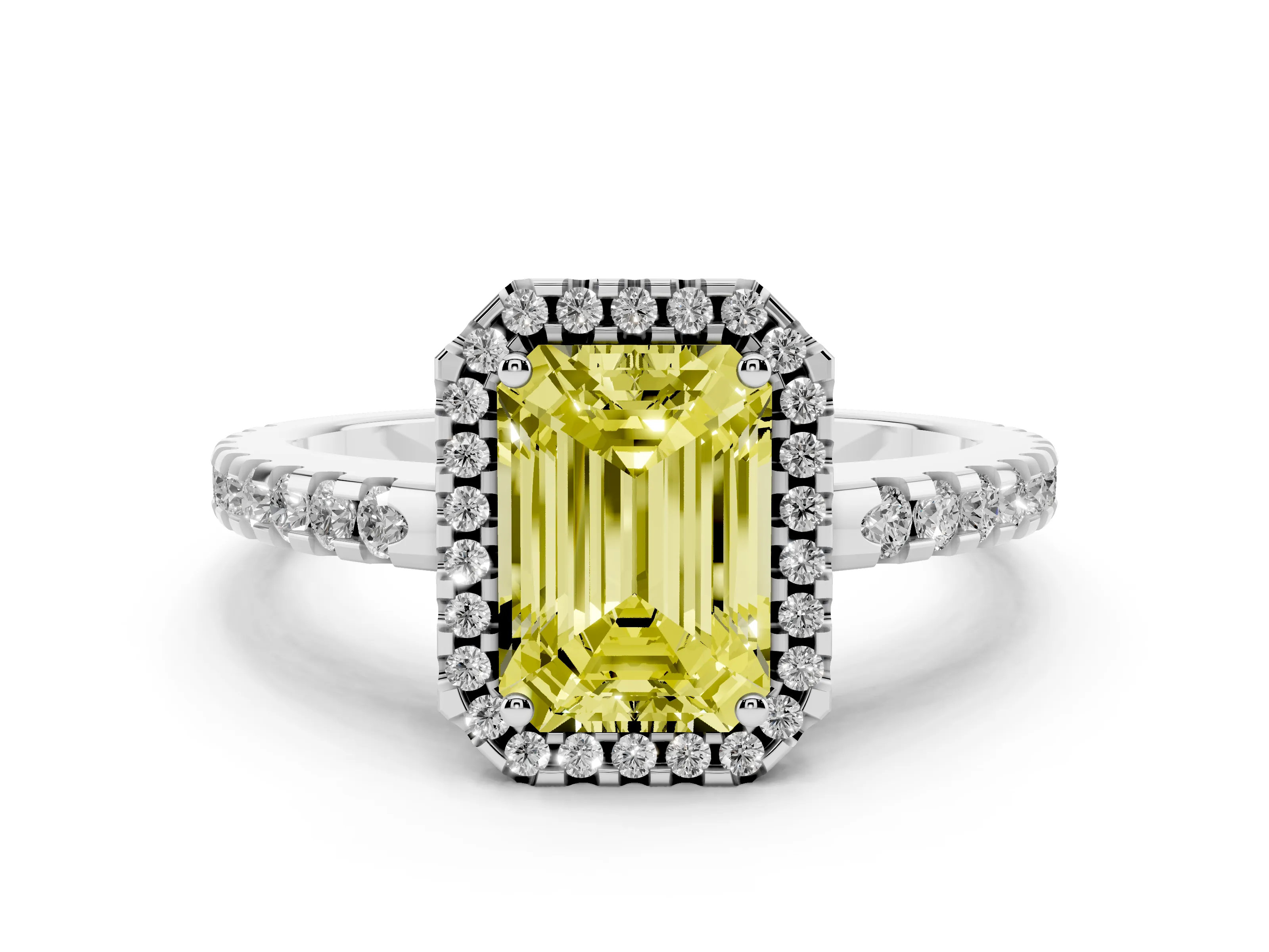 Fancy Yellow Emerald Cut Diamond Halo Ring Set in Silver with Pavé Shoulders and Halo-Framed Center