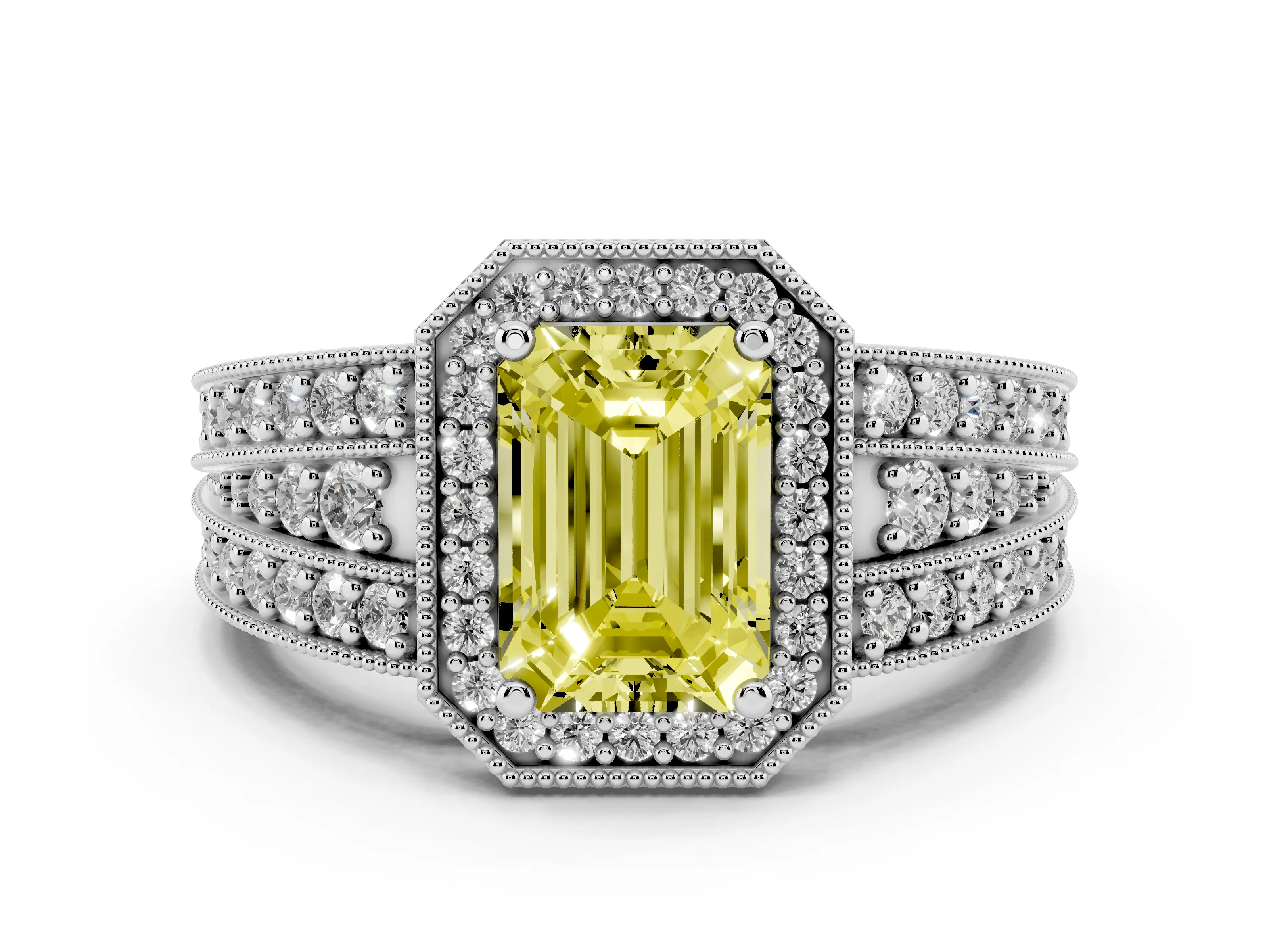 Fancy Yellow Emerald Cut Diamond Halo Ring Set in Platinum with Accent Split Shank and Prong Setting