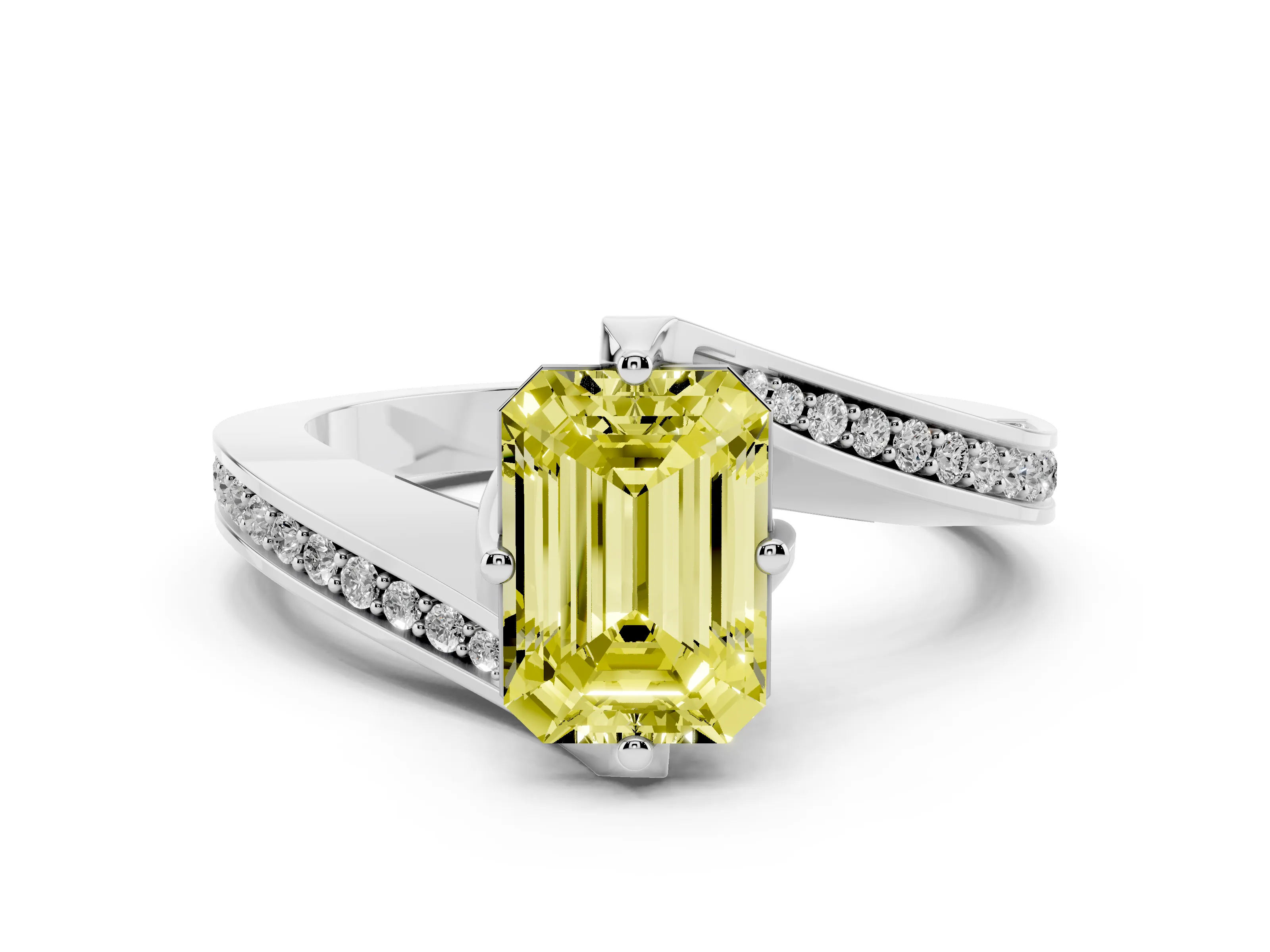 Fancy Yellow Emerald Cut Diamond Solitaire Ring Set in Silver with Intertwined Pavé Twist Band