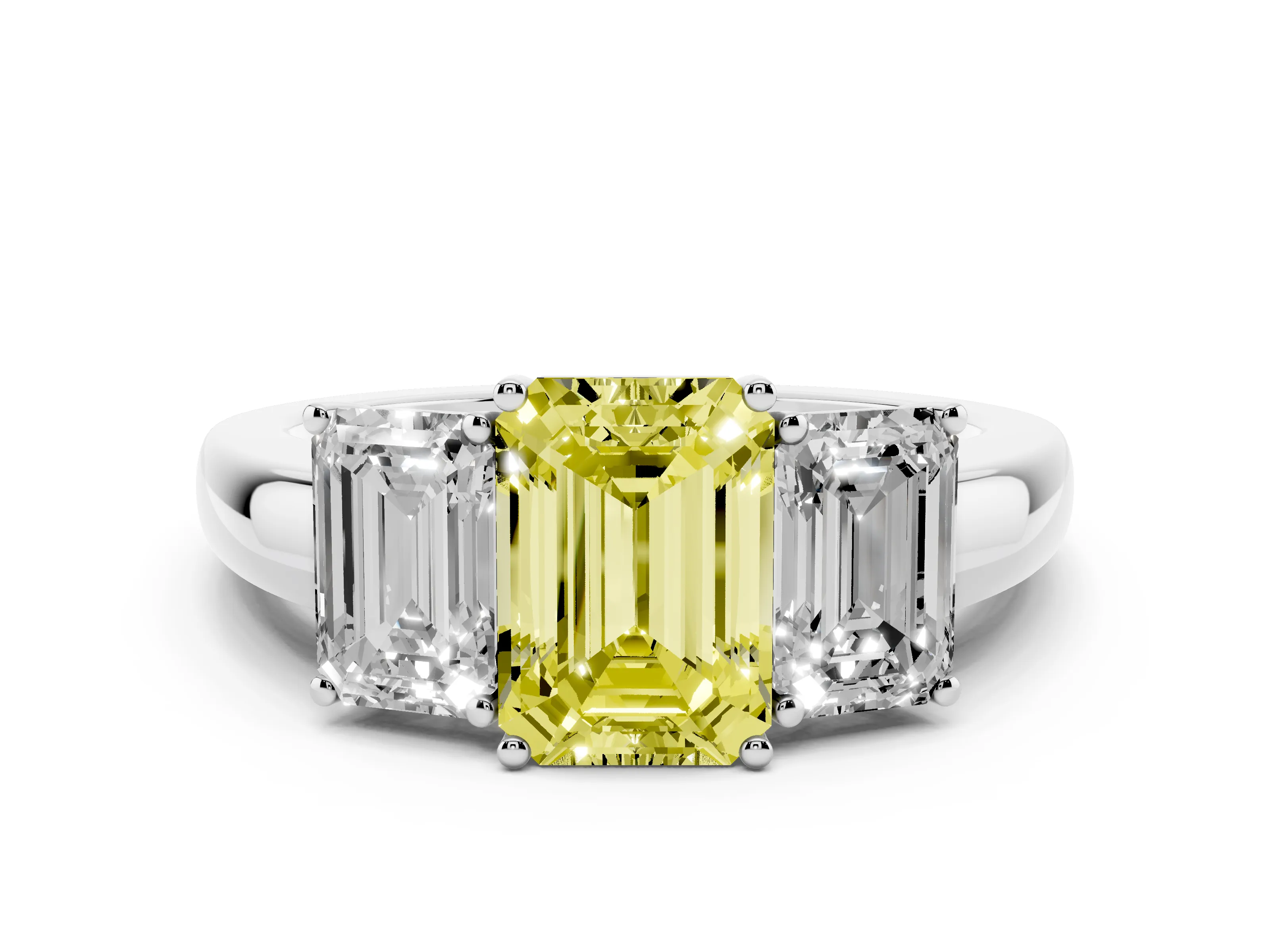 Fancy Yellow Emerald Cut Diamond Three-Stone Ring Set in Silver with Bold Center and Classic Band