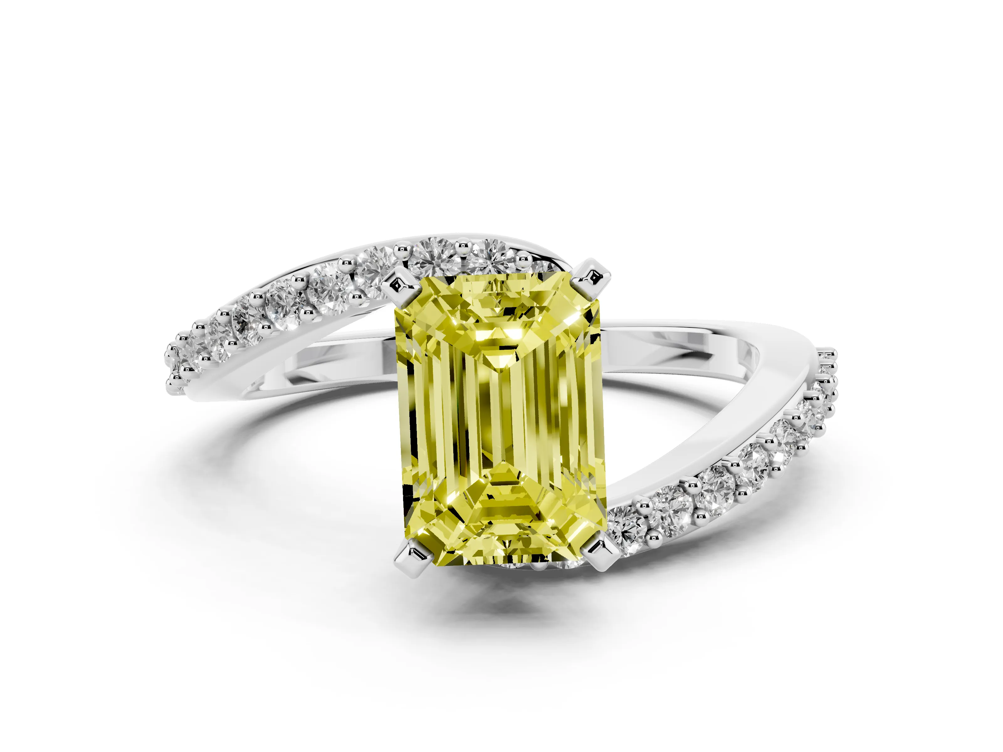 Fancy Yellow Emerald Cut Diamond Solitaire Ring Set in Platinum with Pavé Twist Band and Prong Setting