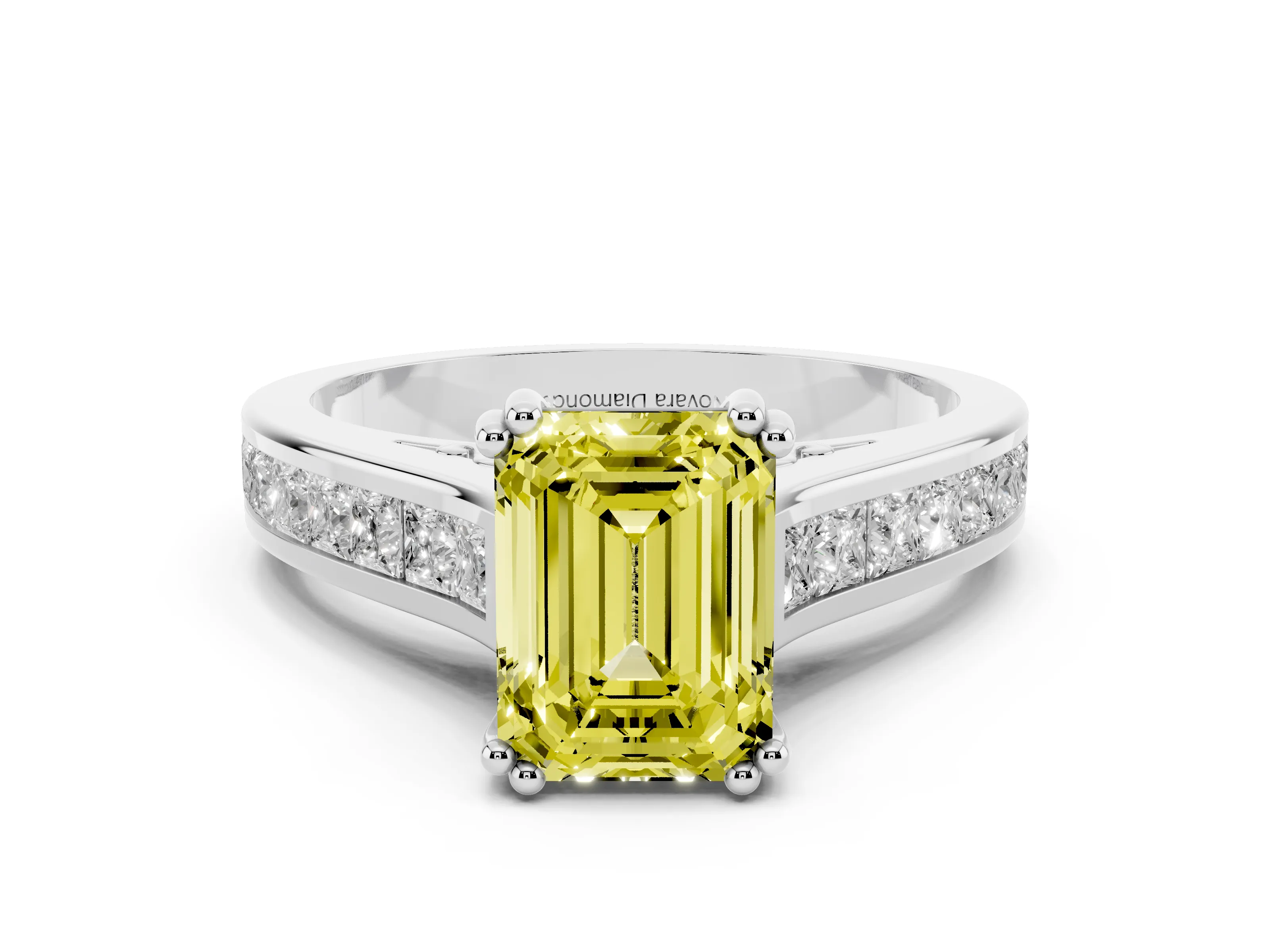 Fancy Yellow Emerald Cut Diamond Channel Set Solitaire Engagement Ring Set in Platinum with Prong Setting