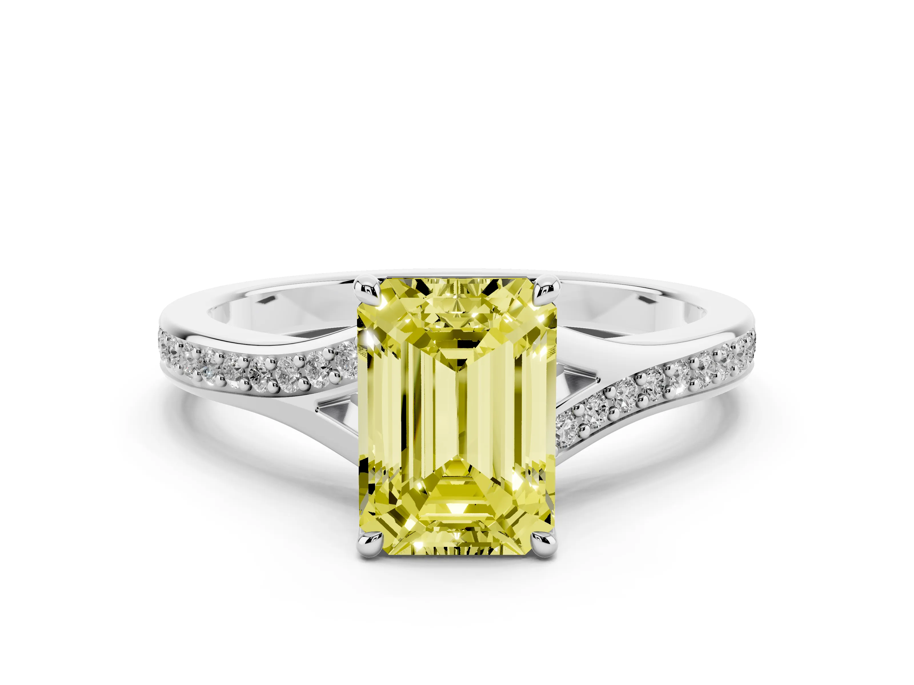 Fancy Yellow Emerald Cut Diamond Solitaire Ring Set in Silver with Pavé Accent Band and Classic Prong Setting