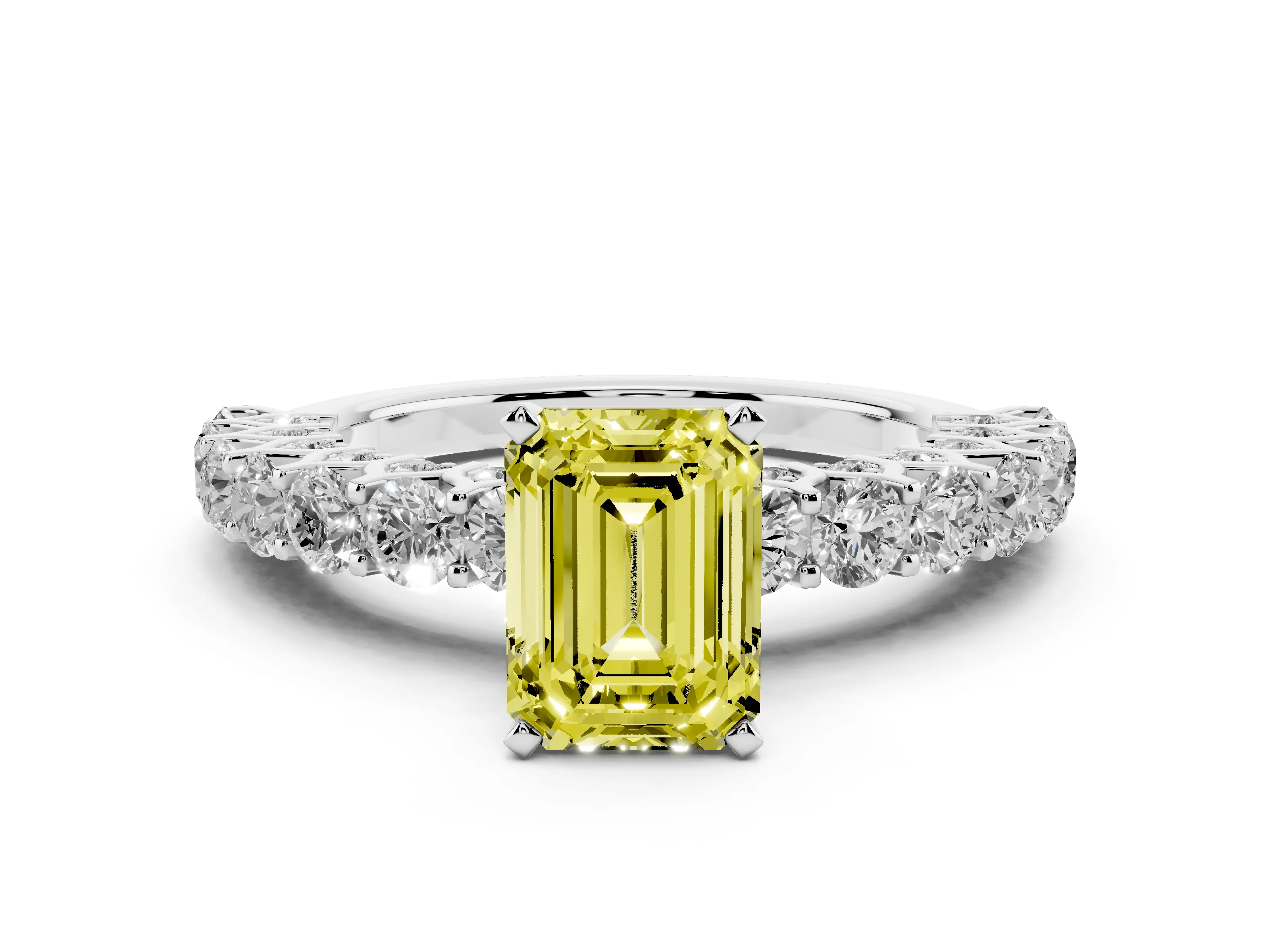 Fancy Yellow Emerald Cut Diamond Solitaire Ring Set in Silver with Shared Prong Pavé Band
