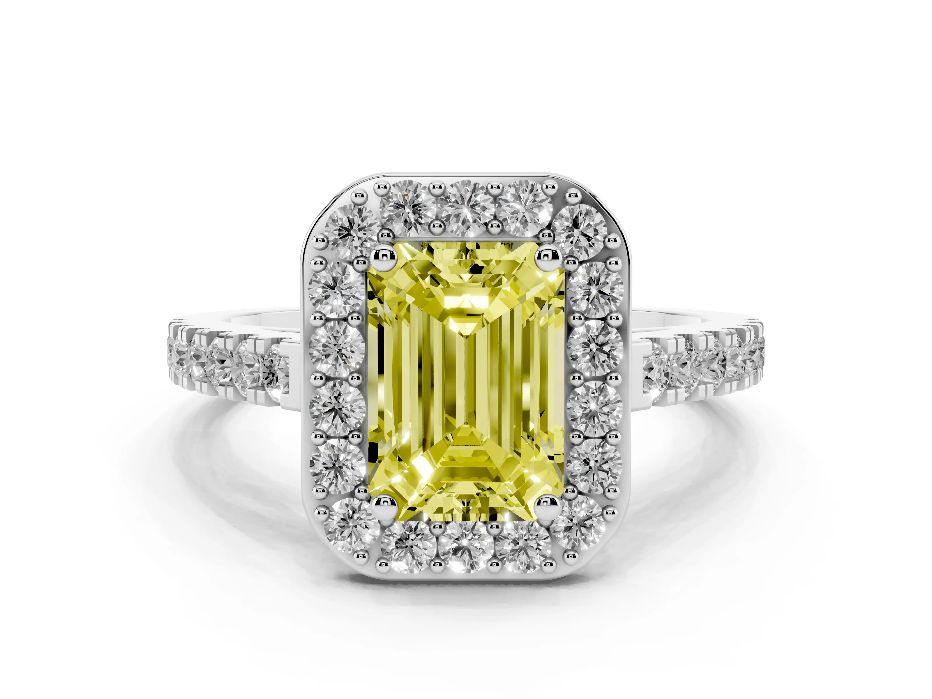 Fancy Yellow Emerald Cut Diamond Halo Ring Set in Silver with Round Pavé Split Shank and Prong Setting