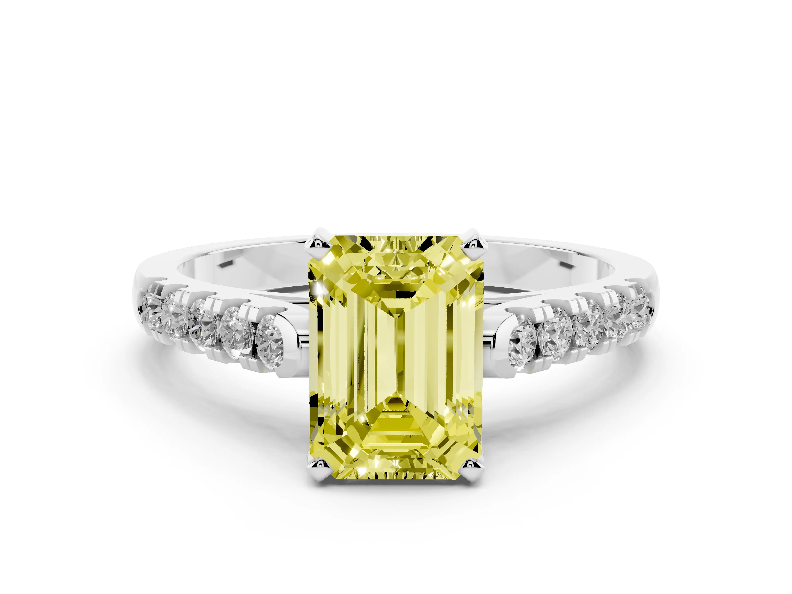 Fancy Yellow Emerald Cut Diamond Pavé Band Solitaire Ring Set in Platinum with Partway Accent Stones and Prong Setting