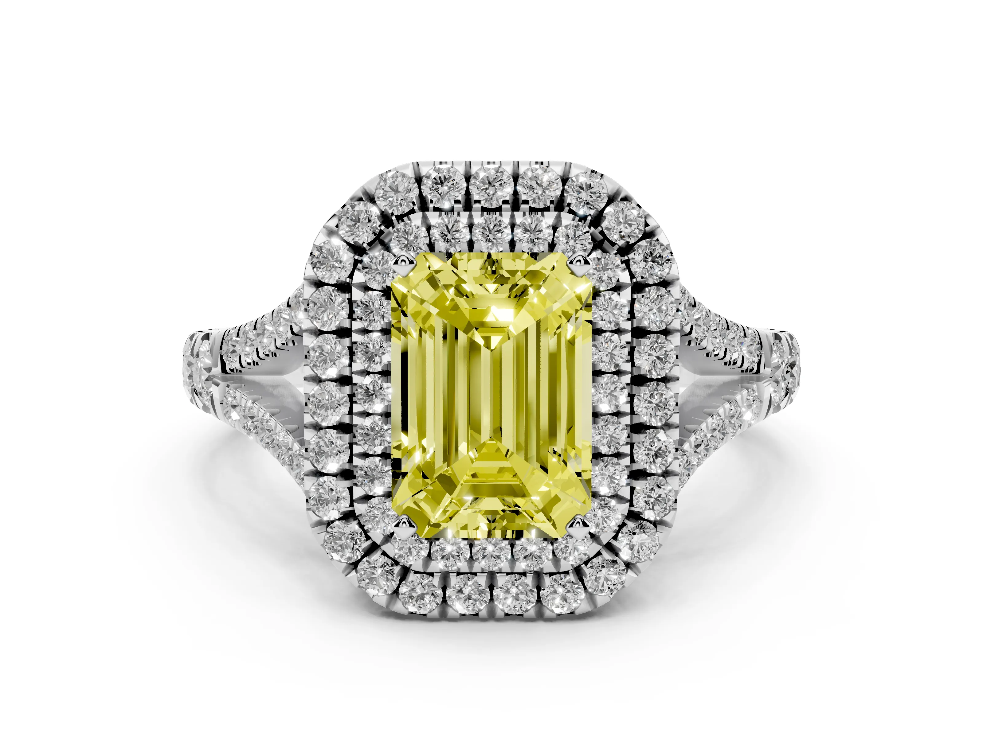 Fancy Yellow Emerald Cut Diamond Pavé Split Shank Double Halo Engagement Ring Set in Platinum