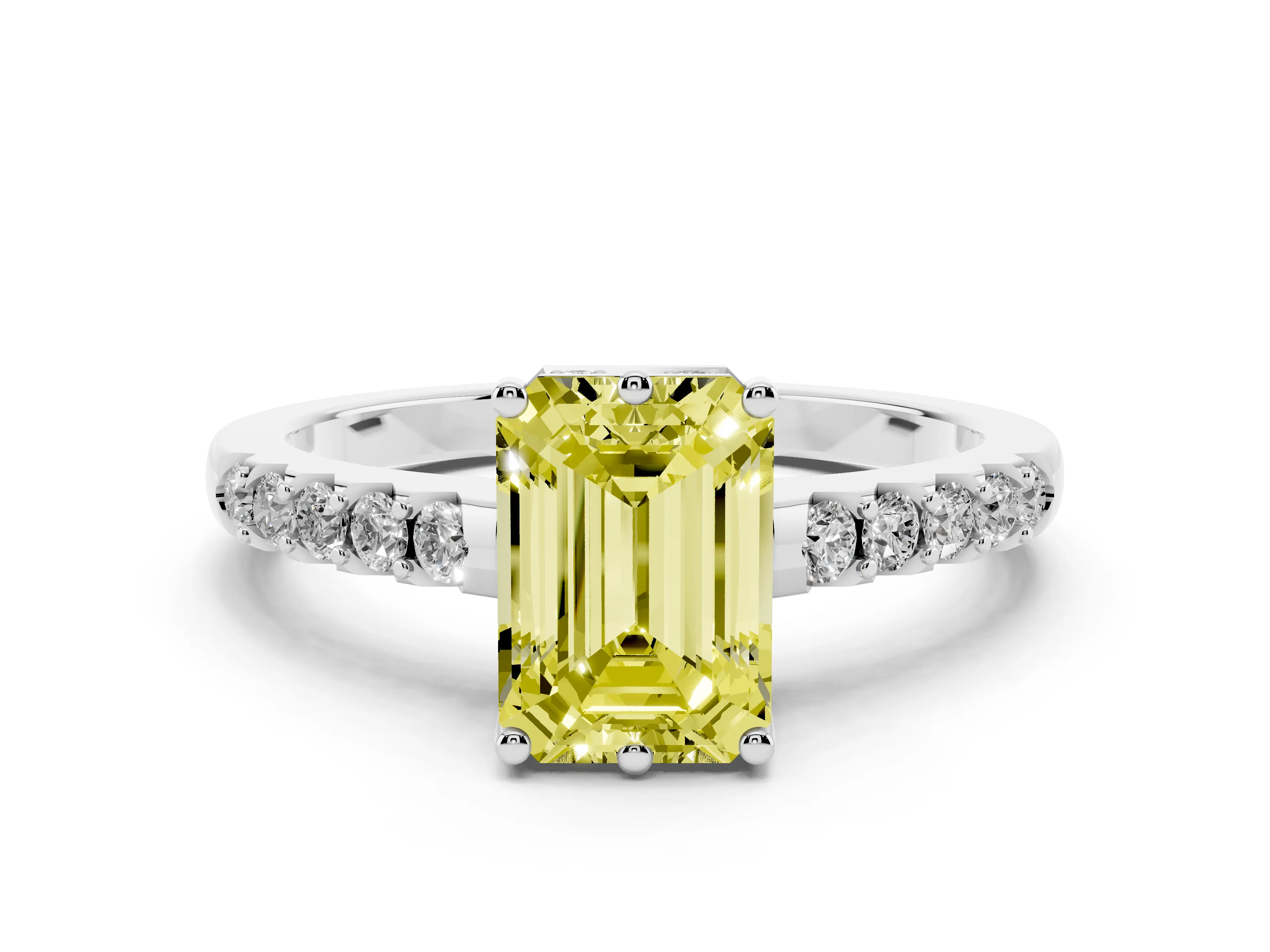 Fancy Yellow Emerald Cut Diamond Solitaire Engagement Ring Set in Silver with Pavé Band and Prong Setting