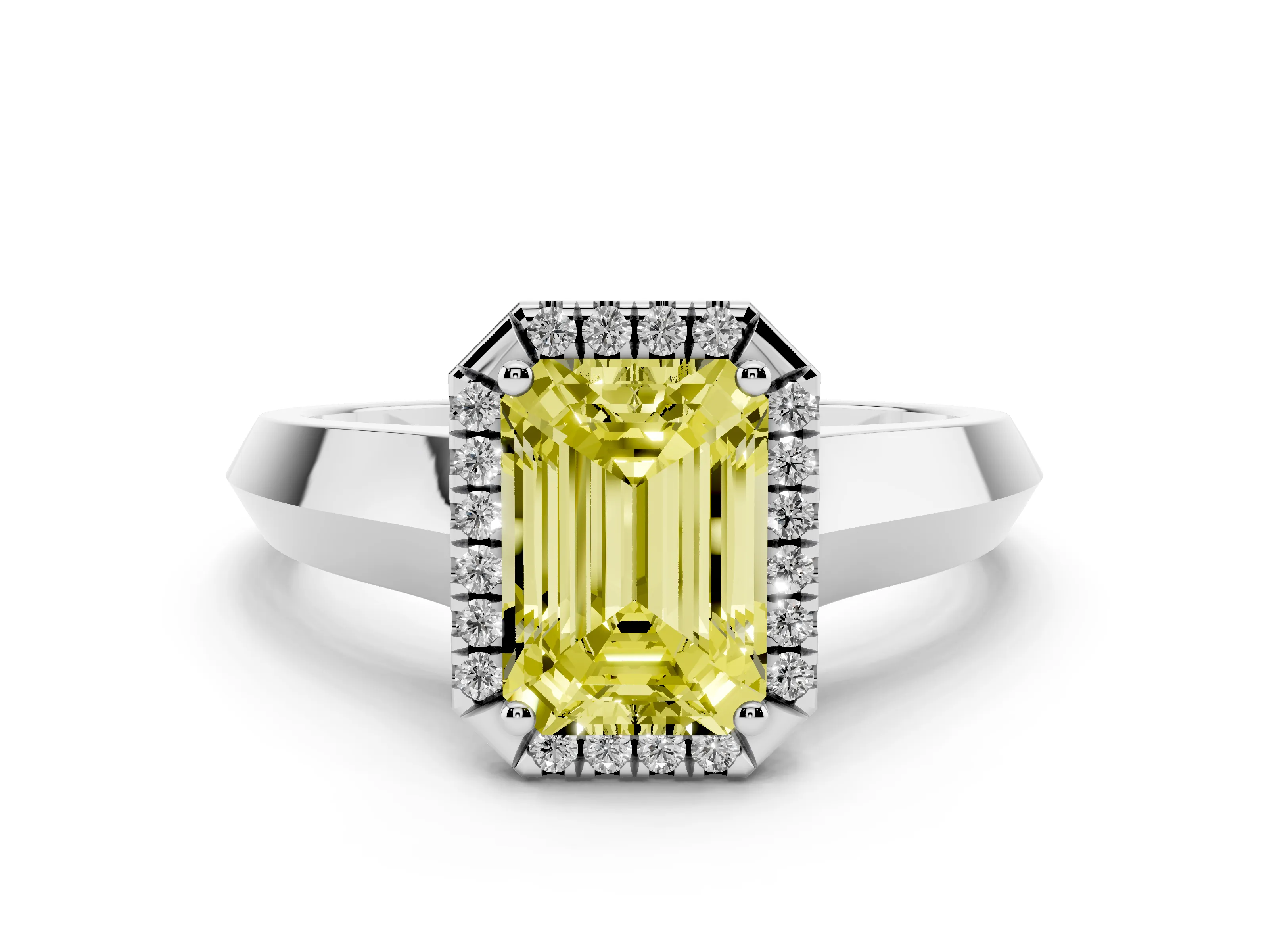 Fancy Yellow Emerald Cut Diamond Halo Ring Set in White gold with Cathedral Band and Prong Setting