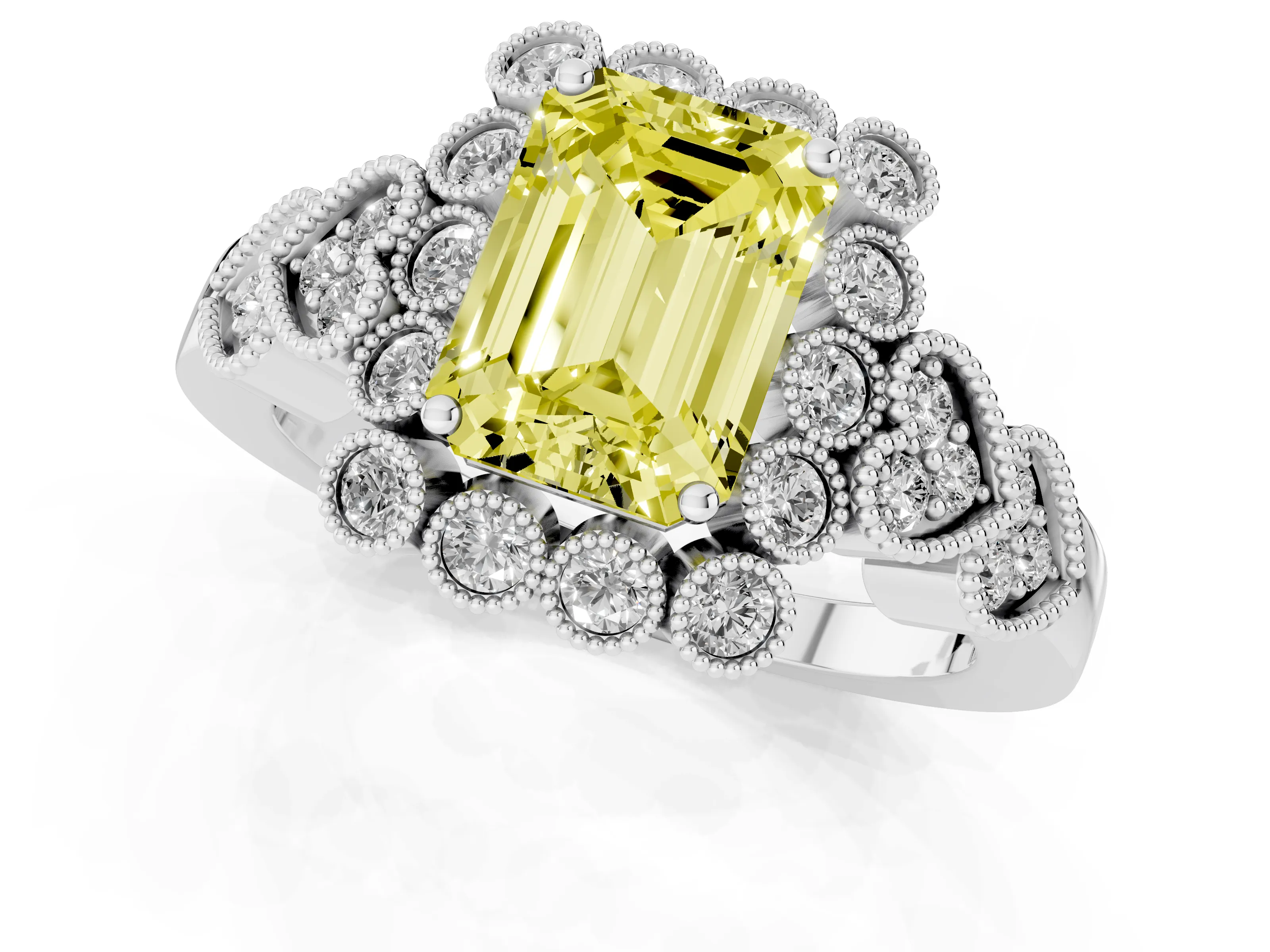 Fancy Yellow Emerald Cut Diamond Solitaire Ring Set in White gold with Milgrain Pavé Heart Band