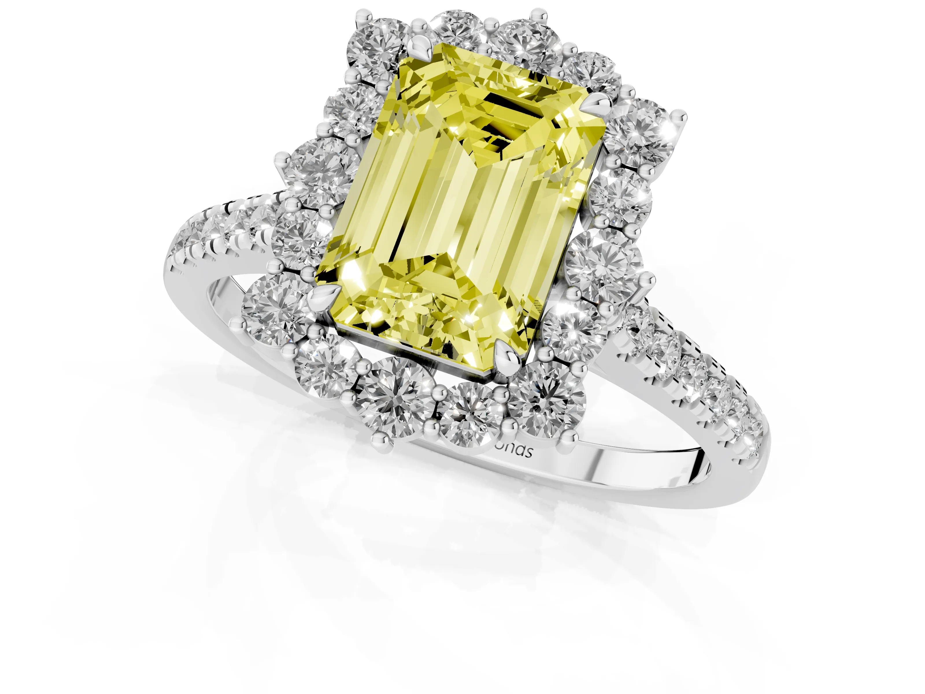 Fancy Yellow Emerald Cut Diamond Halo Ring Set in Platinum with Pavé Band and Prong Setting