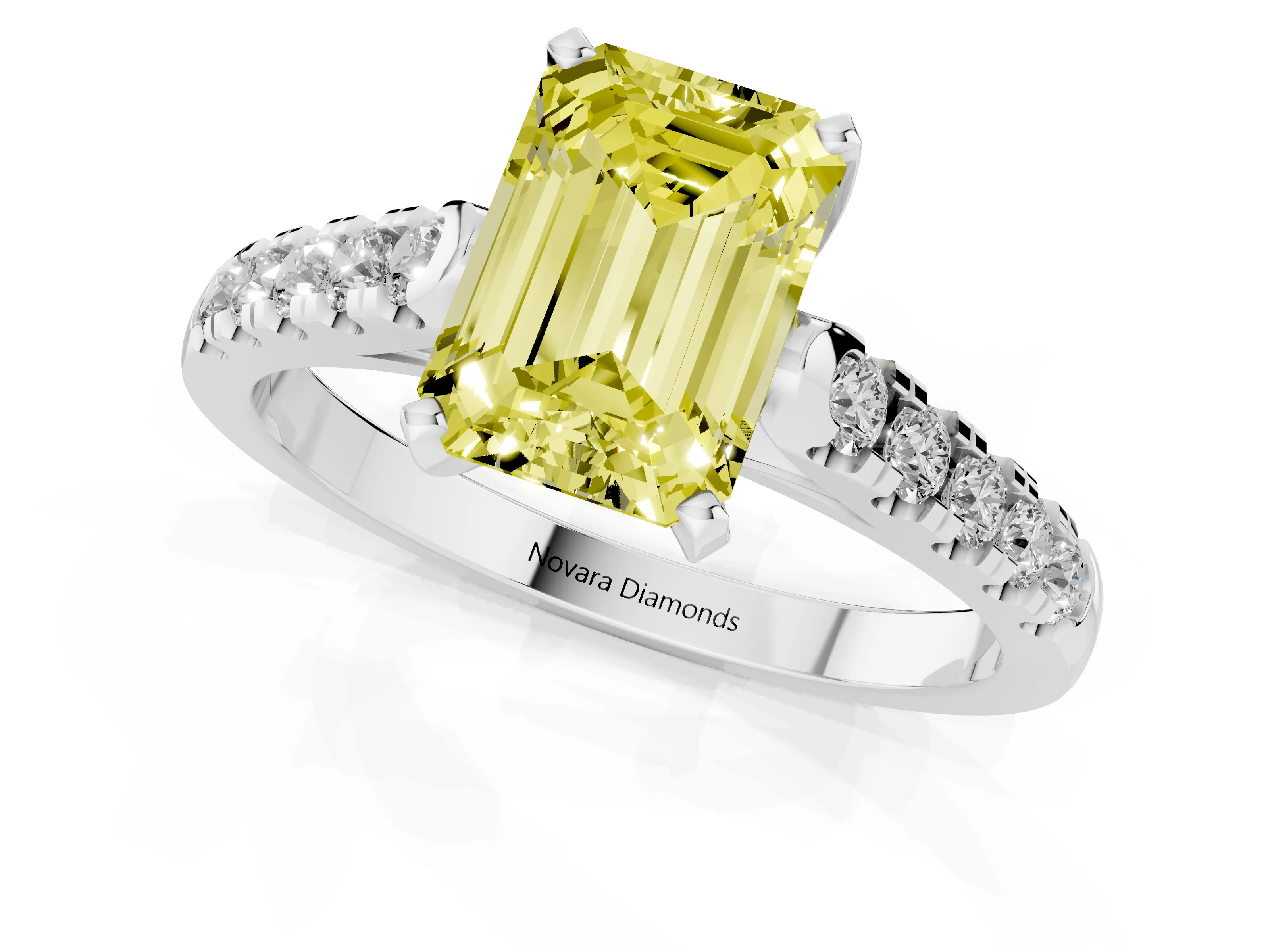 Fancy Yellow Emerald Cut Diamond Pavé Band Solitaire Ring Set in White gold with Partway Accent Stones and Prong Setting