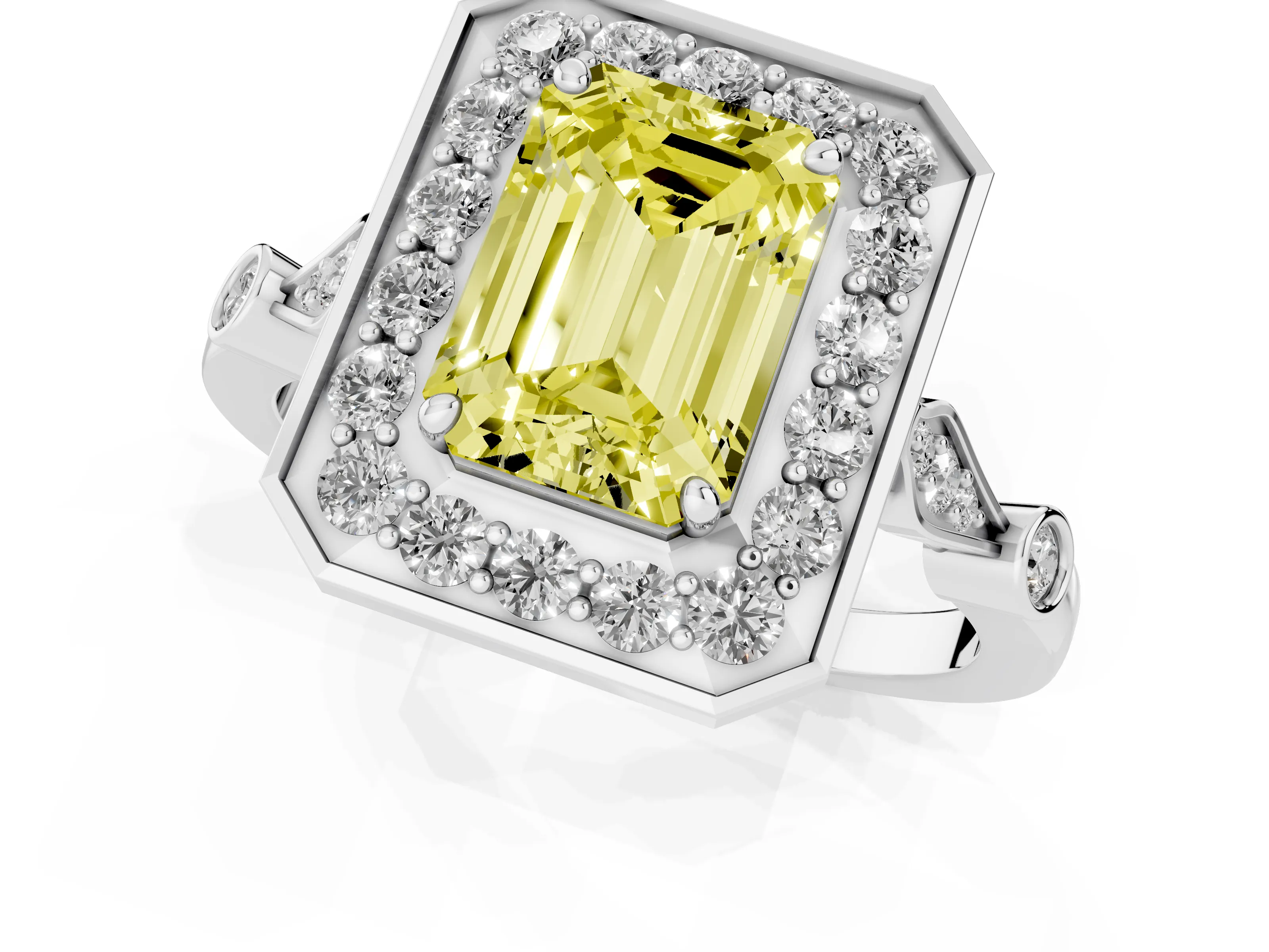 Fancy Yellow Emerald Cut Diamond Halo Engagement Ring Set in Platinum with Twisted Band and Prong Setting