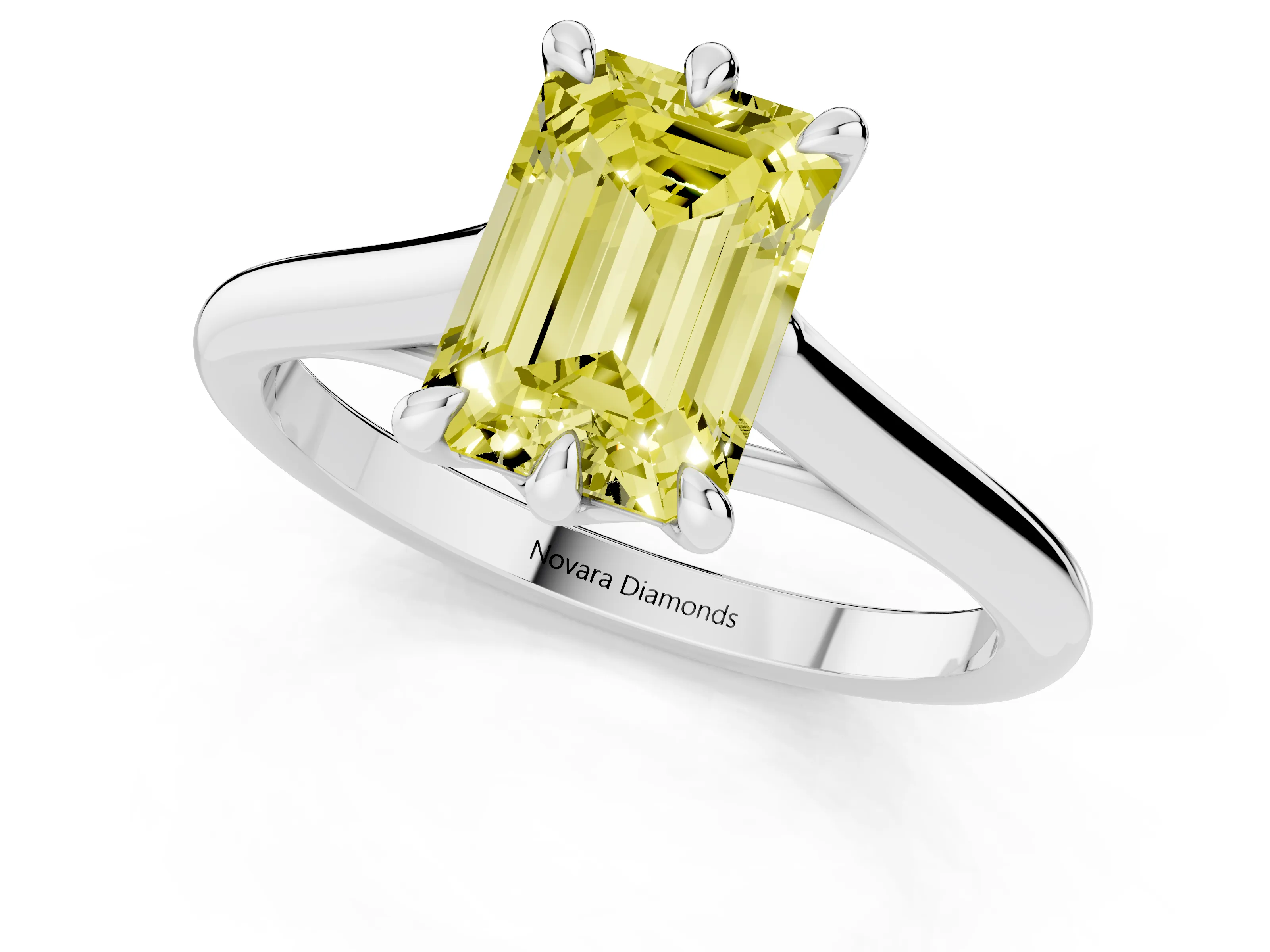 Fancy Yellow Emerald Cut Diamond Solitaire Engagement Ring Set in Platinum with Prong Setting and Plain Classic Band