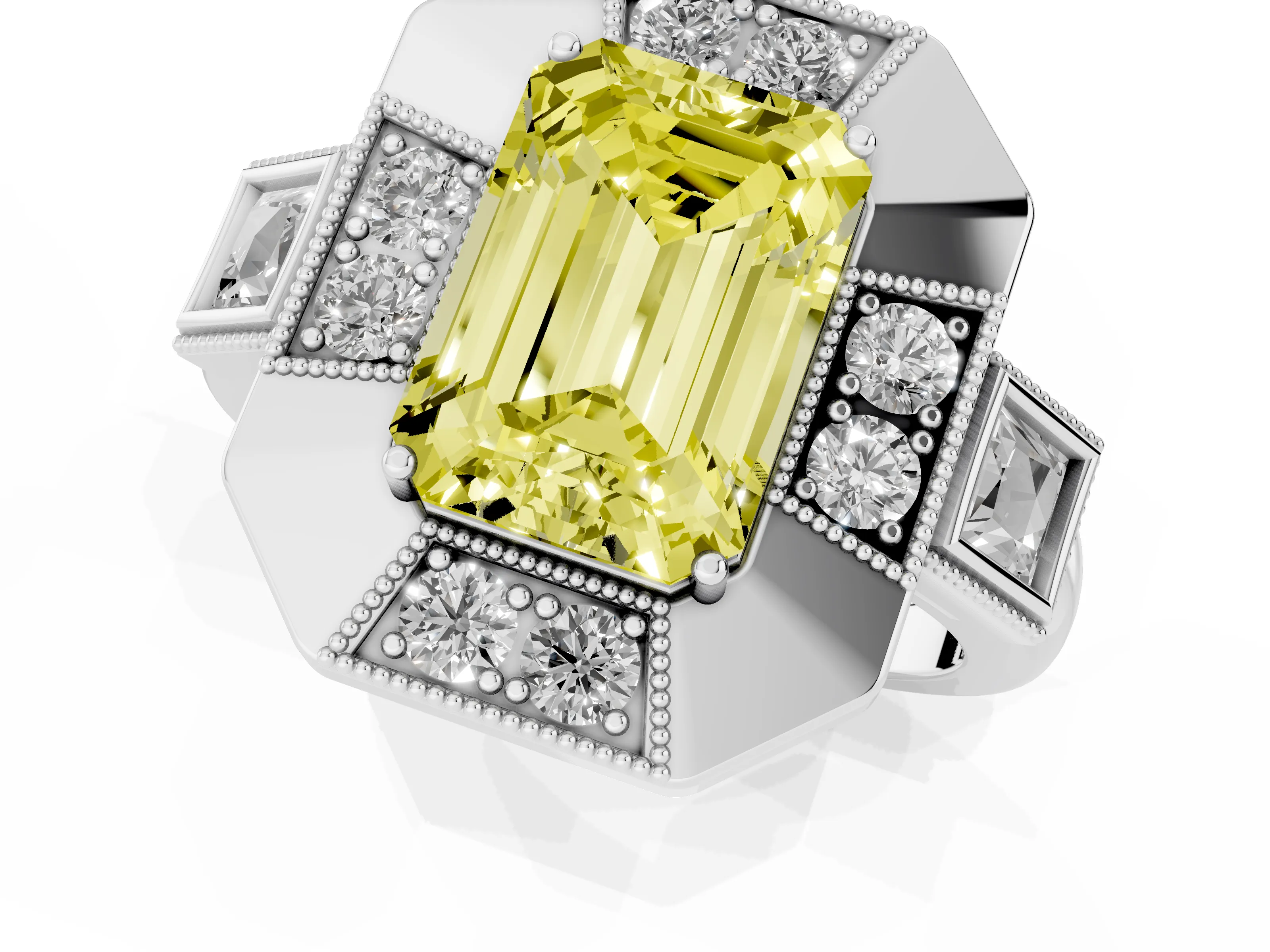 Fancy Yellow Emerald Cut Diamond Milgrain Halo Ring Set in Silver with Split Shank