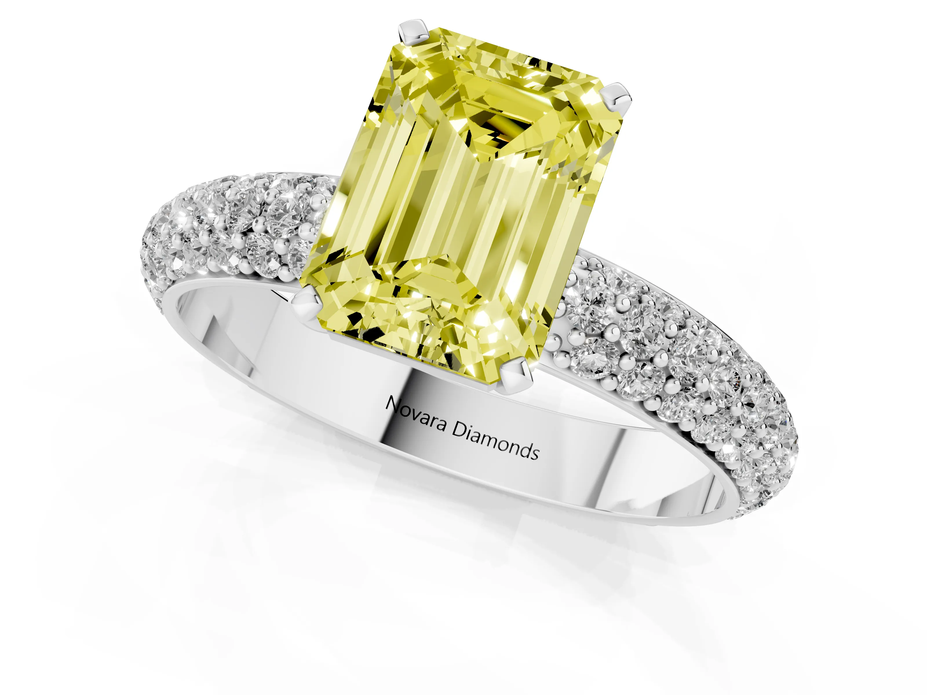 Fancy Yellow Emerald Cut Diamond Solitaire Ring Set in Platinum with Prong Setting and Pavé-Set Band