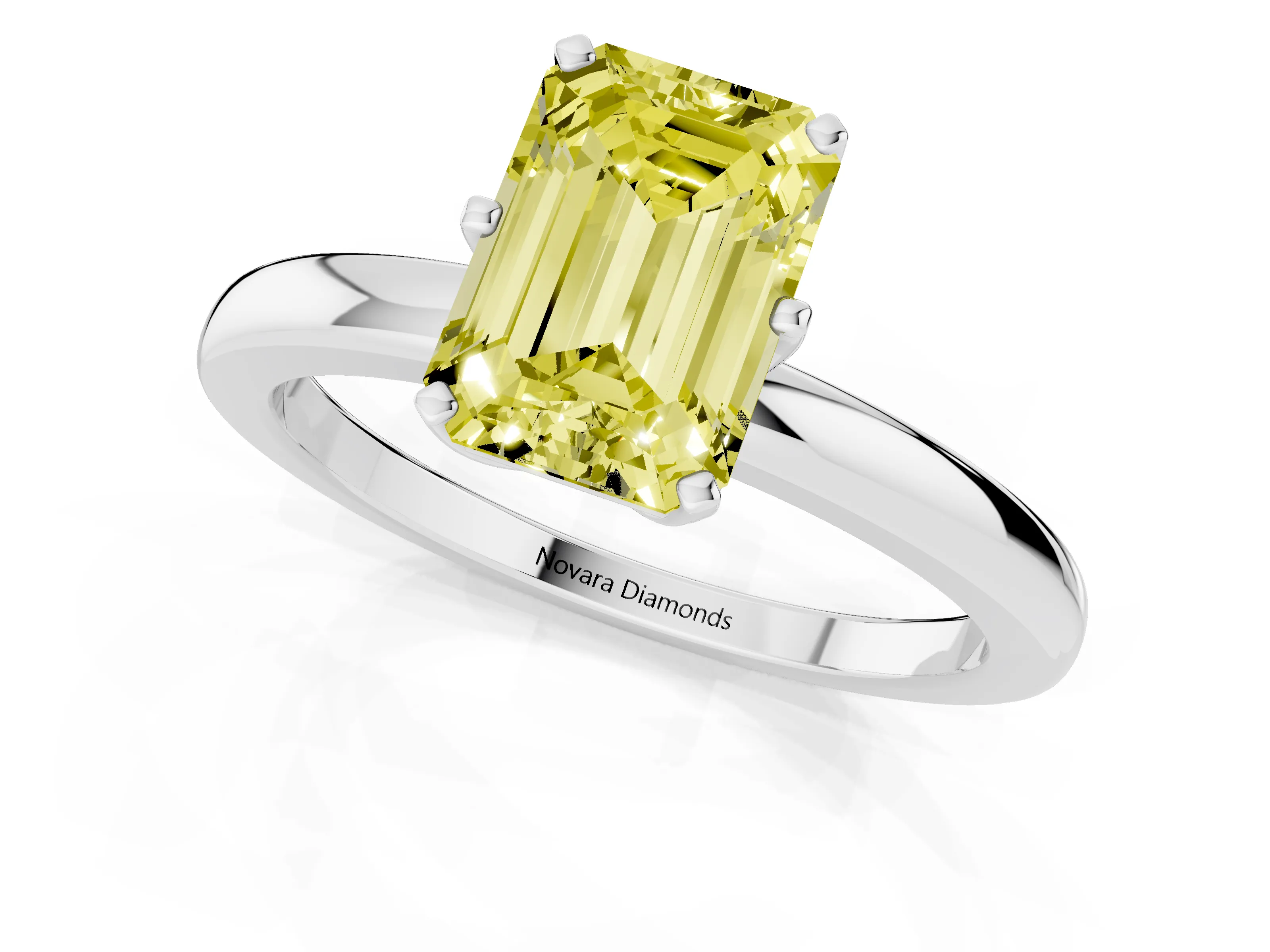 Fancy Yellow Emerald Cut Diamond Solitaire Ring Set in Platinum with Raised Prong Setting on a Classic Band
