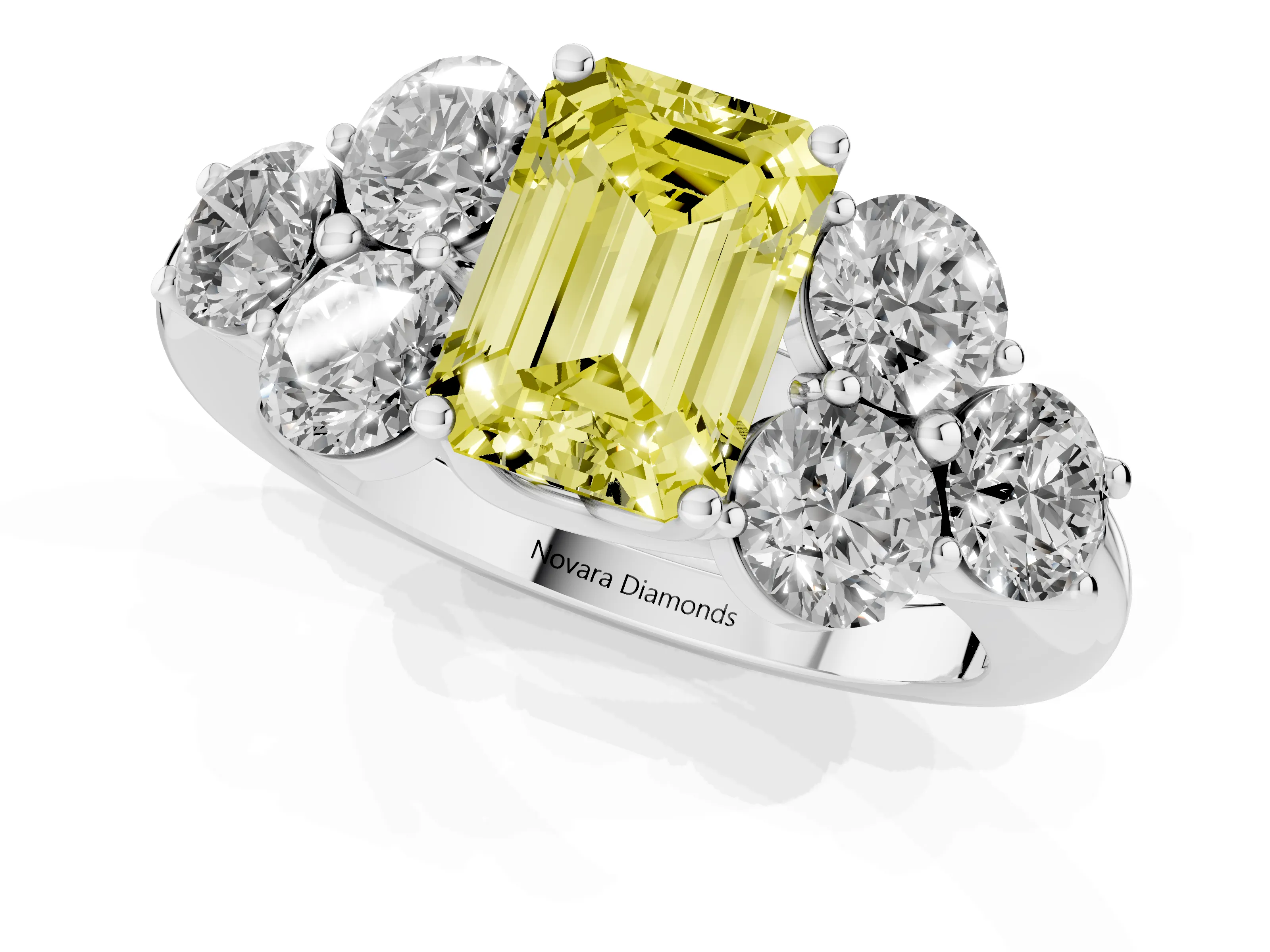 Fancy Yellow Emerald Cut Diamond Cluster Ring Set in White gold with Round Accent Stones and Prong Setting on a Plain Band
