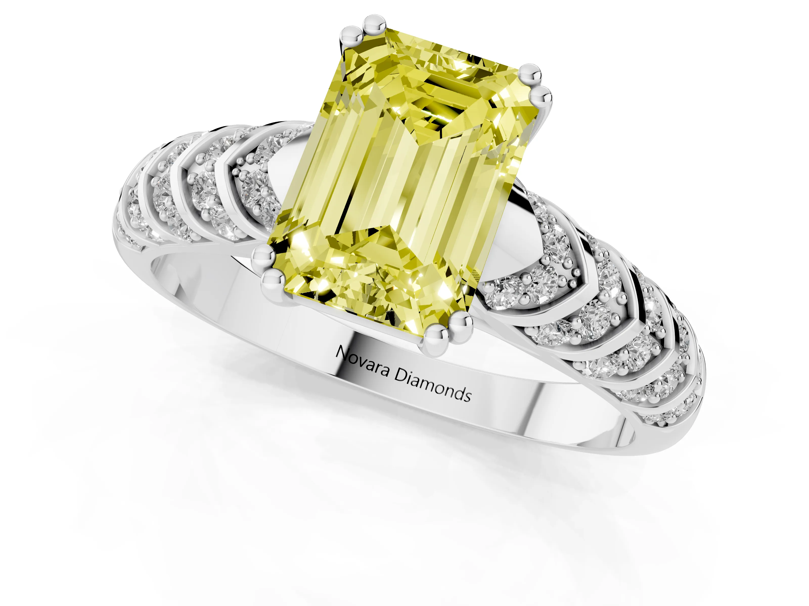 Fancy Yellow Emerald Cut Diamond Solitaire Chevron Pavé Engagement Ring Set in White gold with Prong Setting