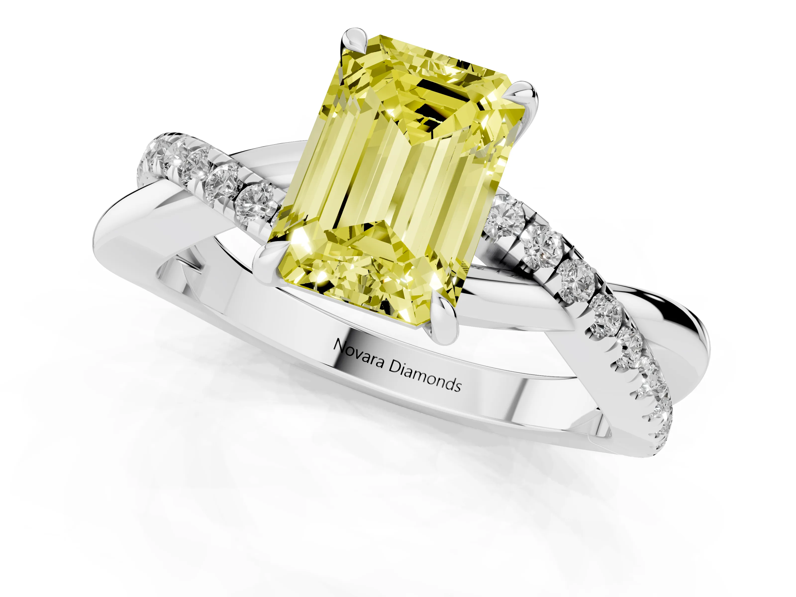Fancy Yellow Emerald Cut Diamond Twisted Pavé Band Ring Set in Platinum with Prong Setting