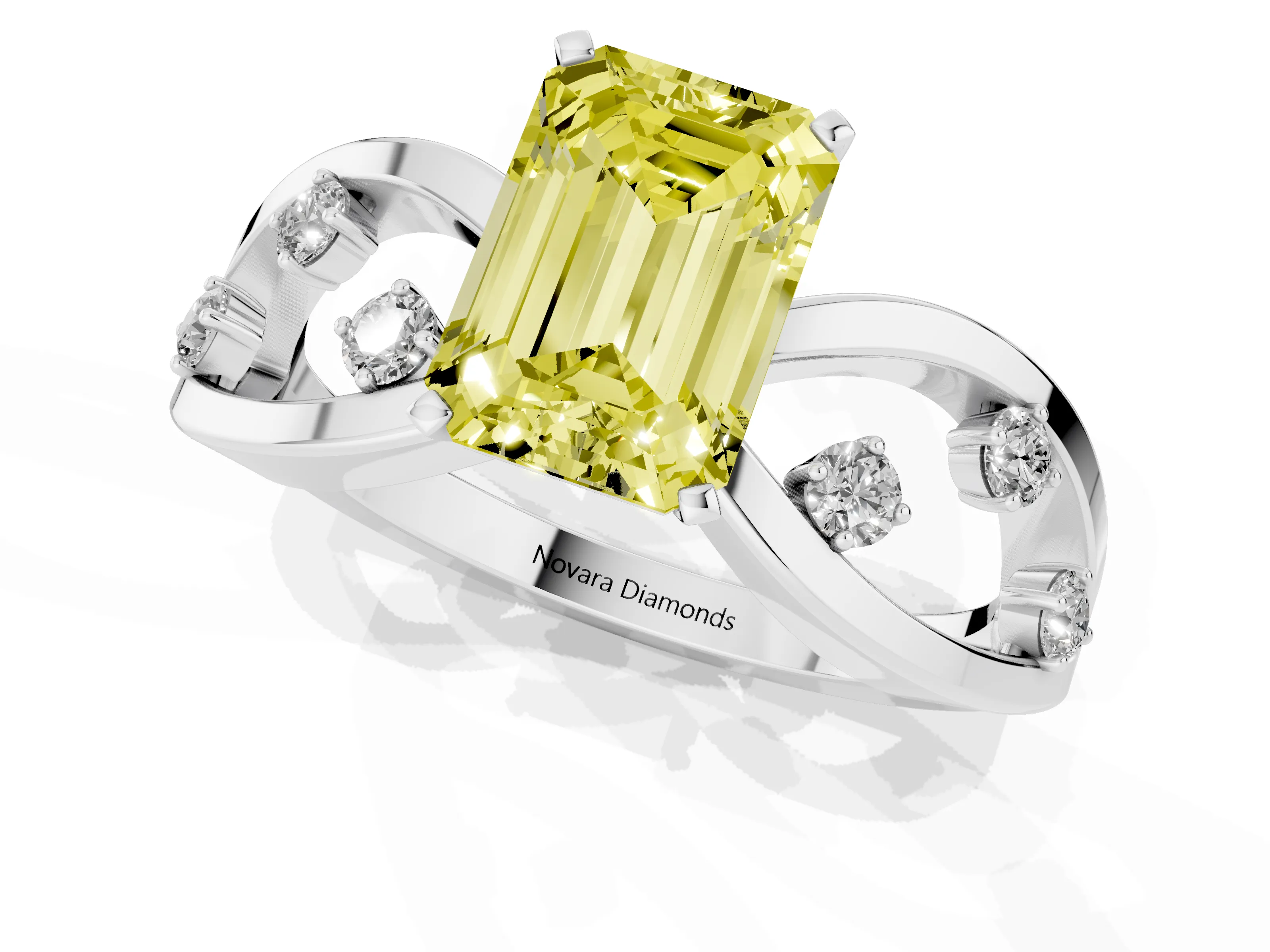 Fancy Yellow Emerald Cut Diamond Solitaire Ring Set in Platinum with Side Stones on Criss-Cross Band and Prong Setting