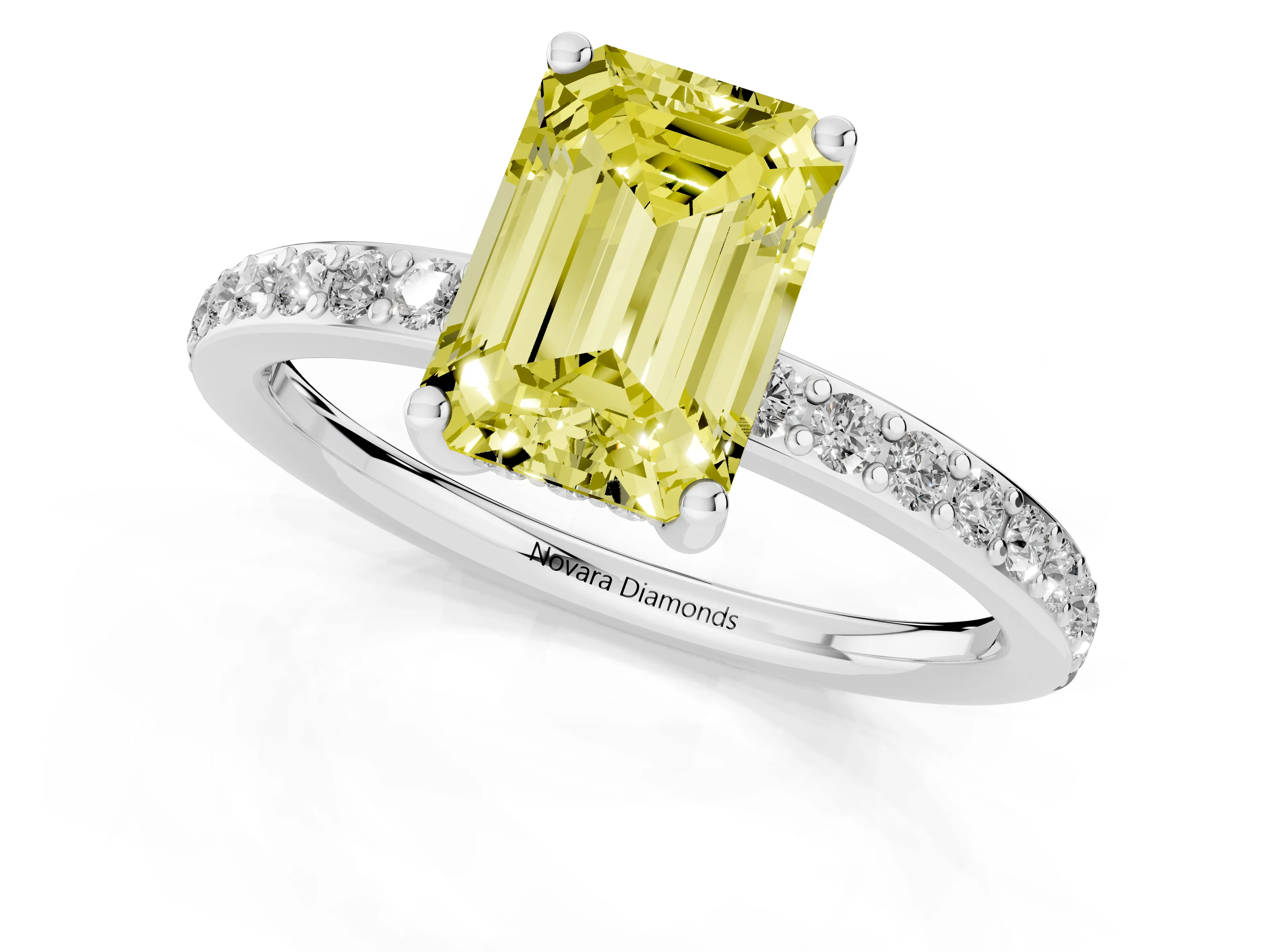 Fancy Yellow Emerald Cut Diamond Pavé Band Ring Set in Silver with Prong-Set Center Stone