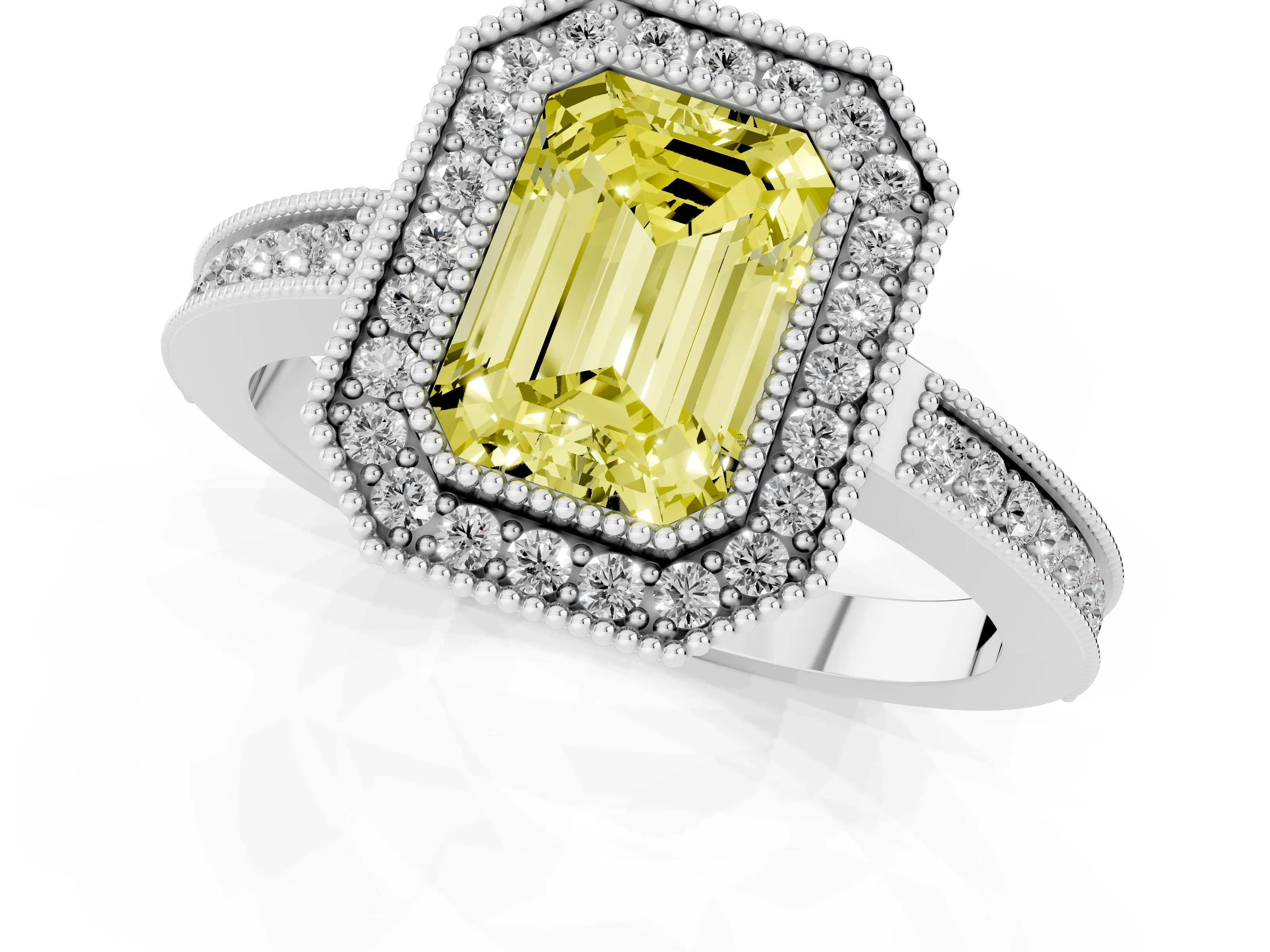 Fancy Yellow Emerald Cut Diamond Halo Ring Set in White gold with Pavé Band and Milgrain-Edged Prongs