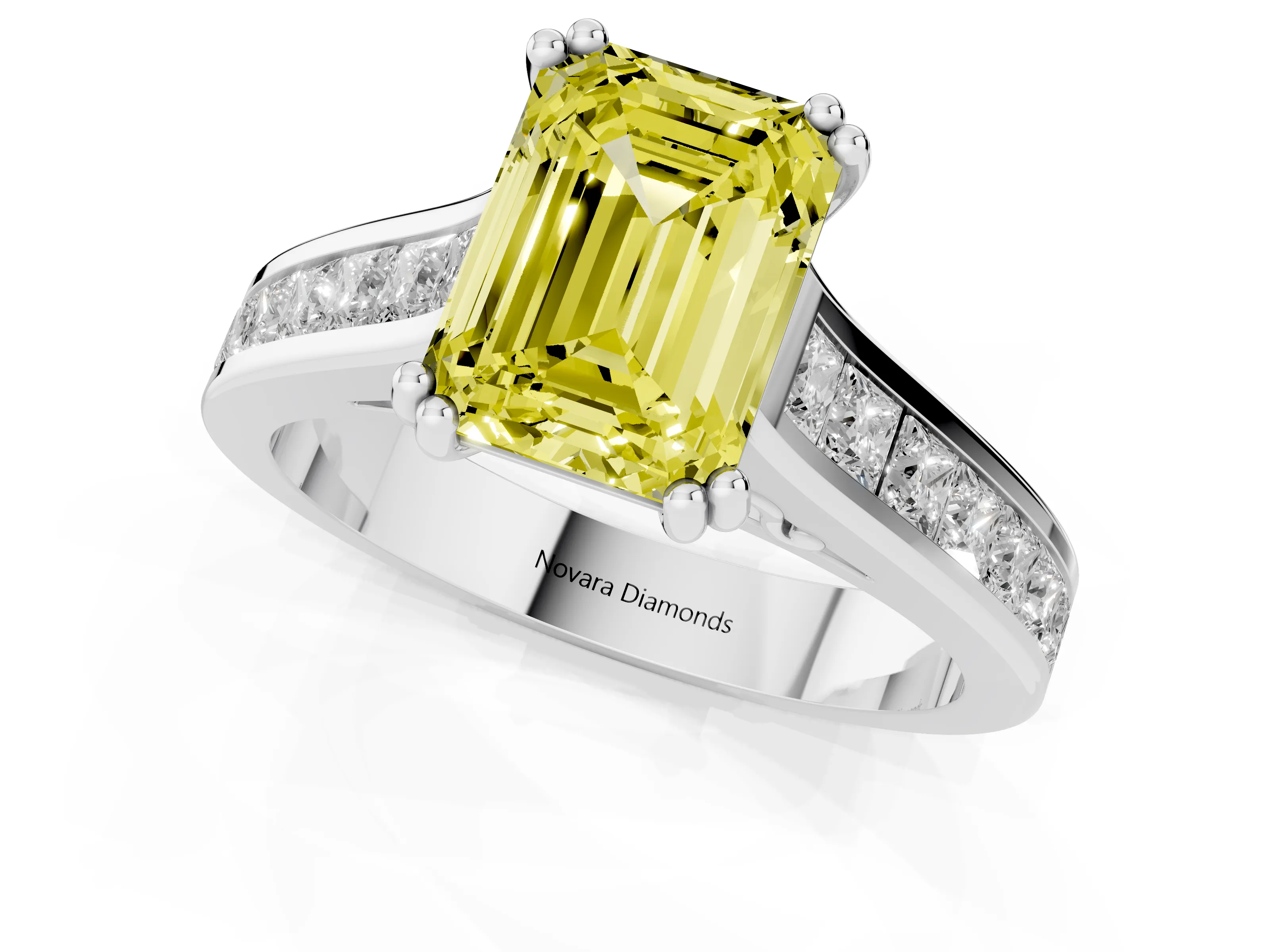 Fancy Yellow Emerald Cut Diamond Channel Set Solitaire Engagement Ring Set in Platinum with Prong Setting