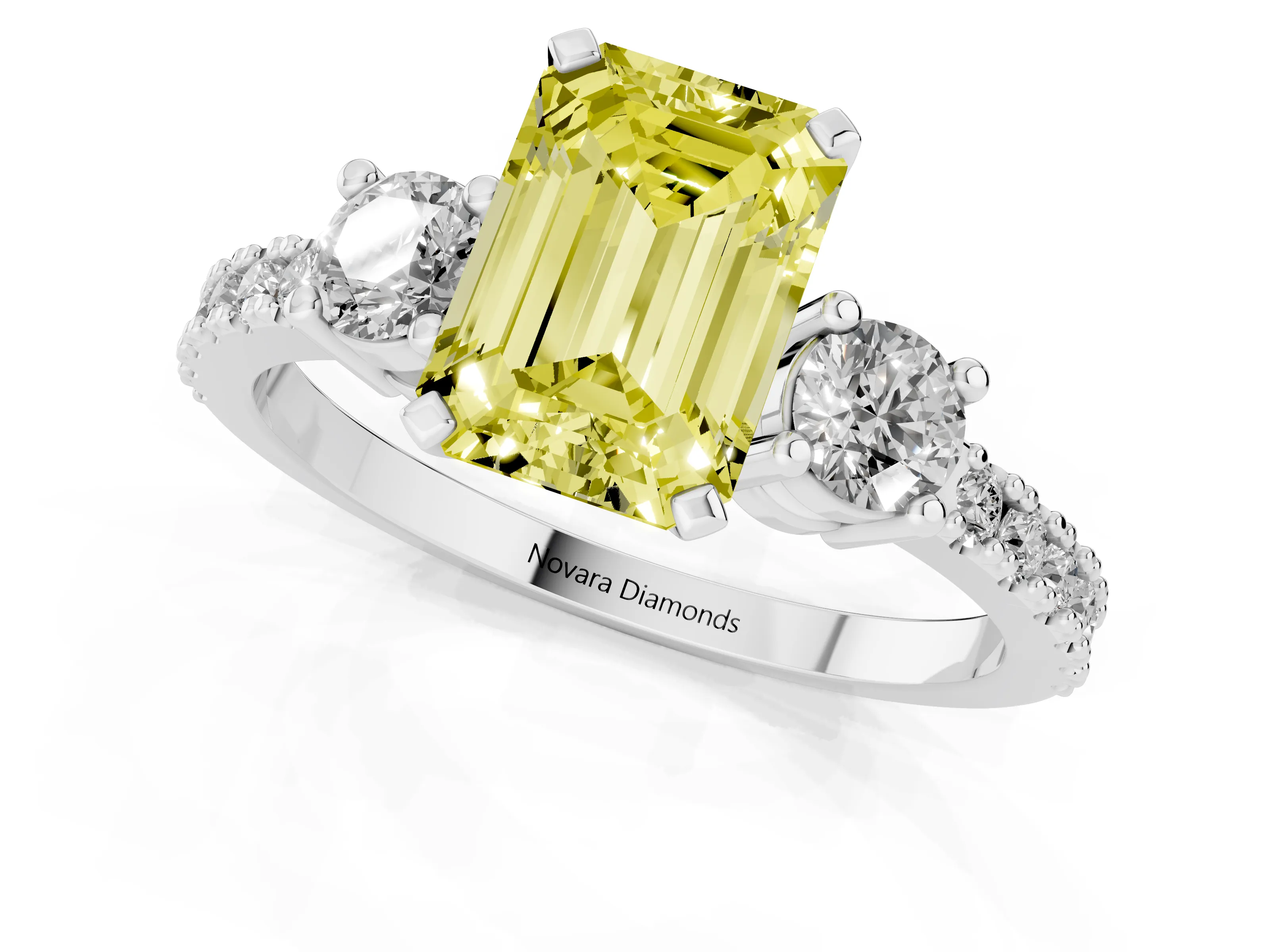 Fancy Yellow Three-Stone Emerald Cut Diamond Pavé Band Ring Set in Platinum with Prong Setting