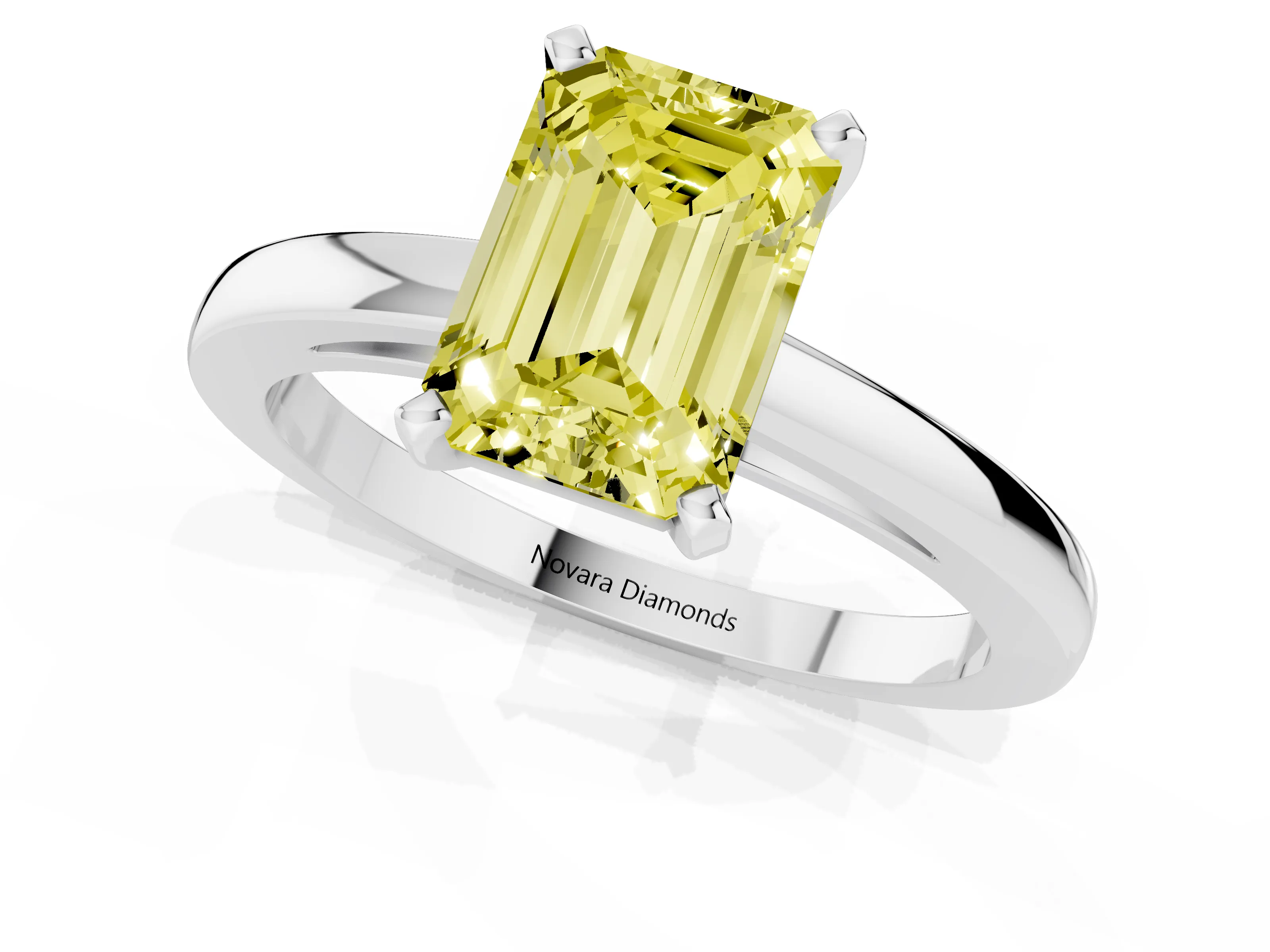 Fancy Yellow Emerald Cut Diamond Solitaire Engagement Ring Set in Platinum with Prong Setting on a Classic Band