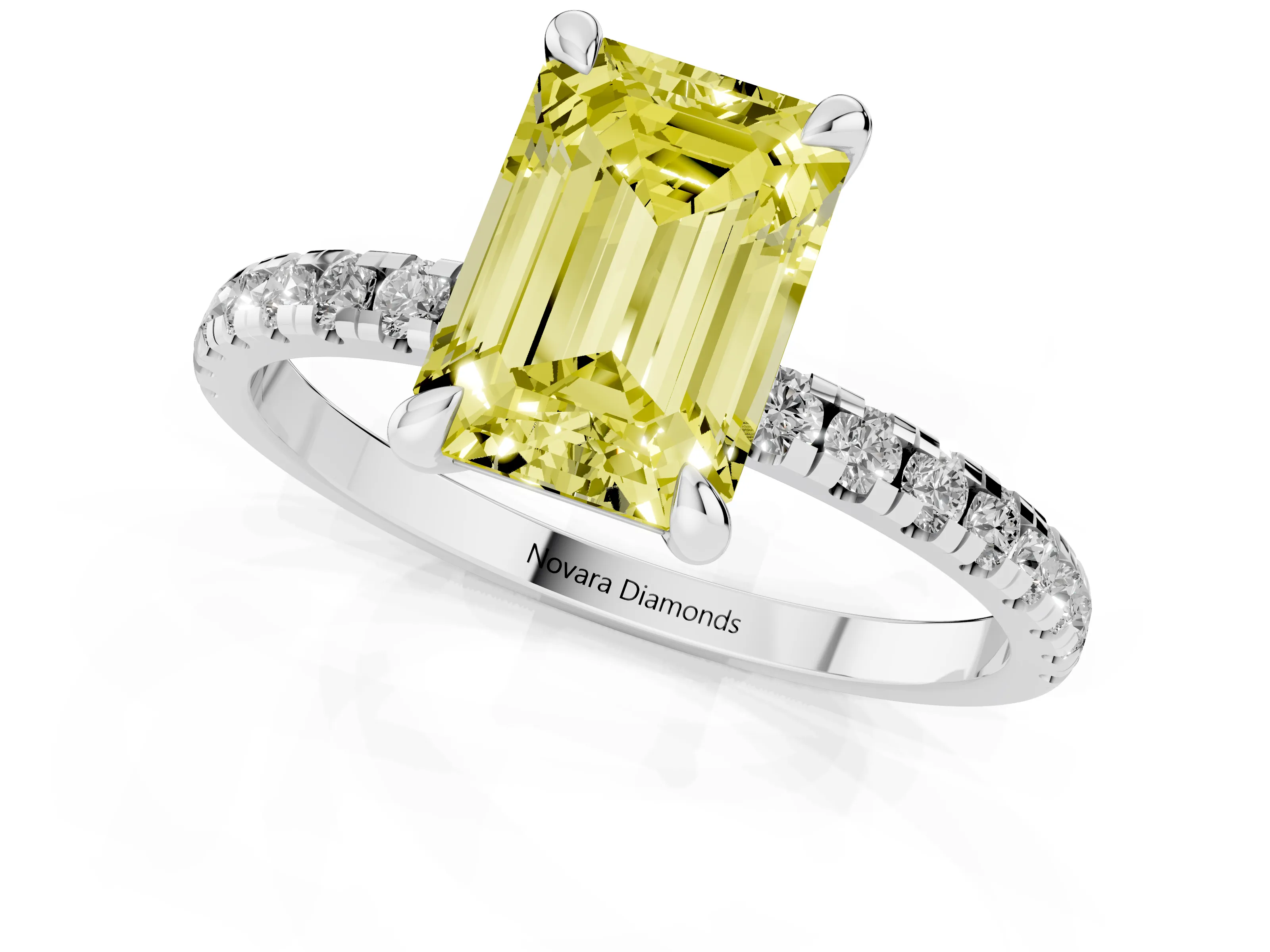 Fancy Yellow Emerald Cut Diamond Brilliant Solitaire Ring Set in White gold with Pavé Band and Prong Setting