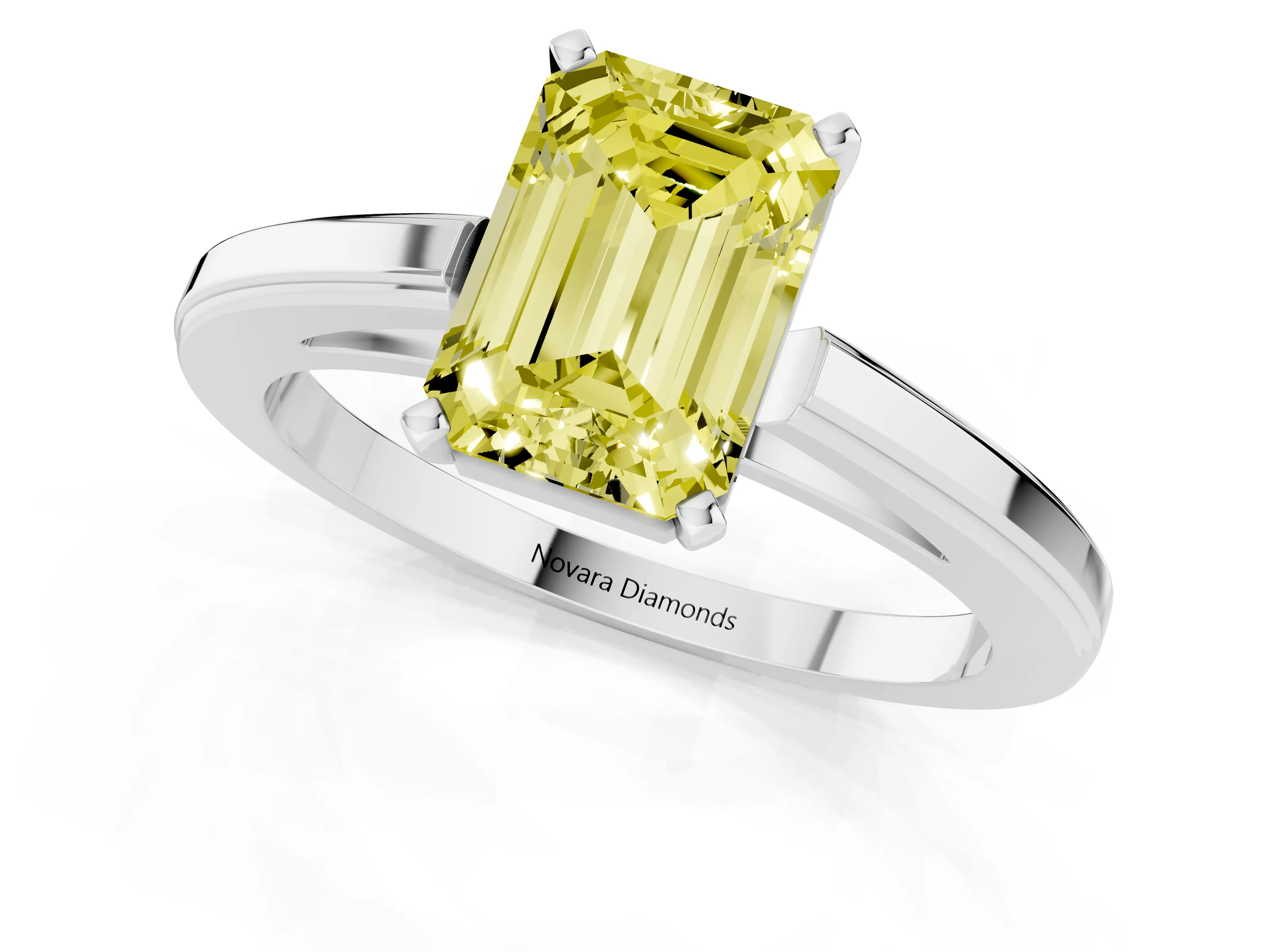 Fancy Yellow Emerald Cut Diamond Solitaire Ring Set in Platinum with Prong Setting and Classic Band