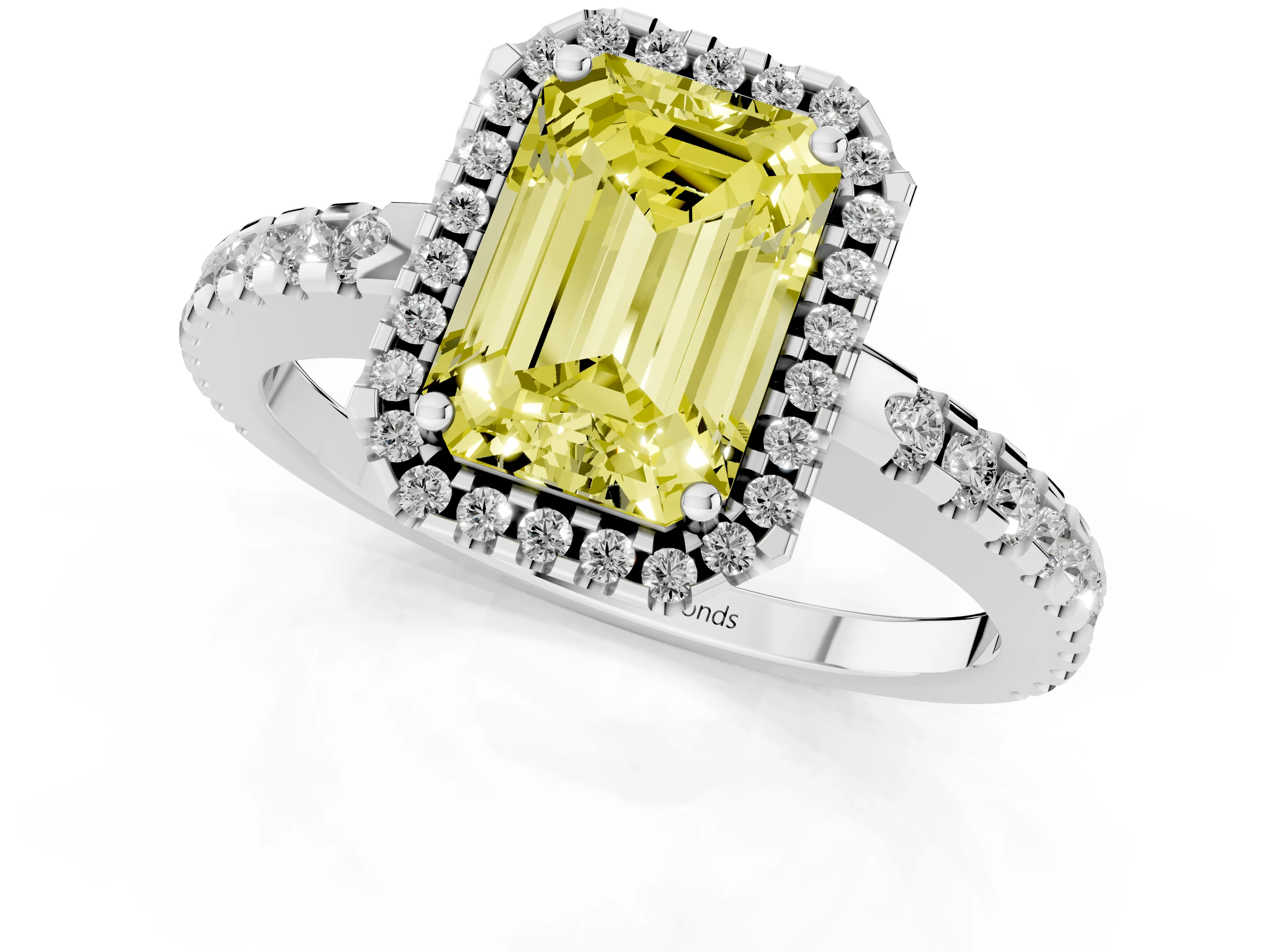 Fancy Yellow Emerald Cut Diamond Halo Ring Set in White gold with Pavé Shoulders and Halo-Framed Center