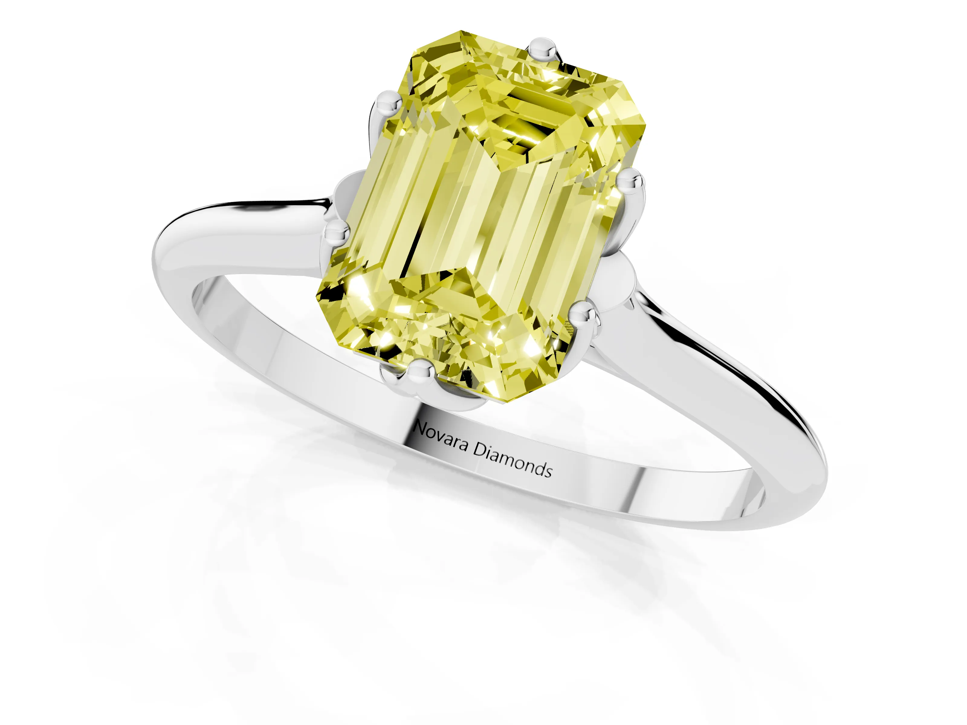 Fancy Yellow Emerald Cut Diamond Solitaire Cathedral Ring Set in Platinum with Prong Setting