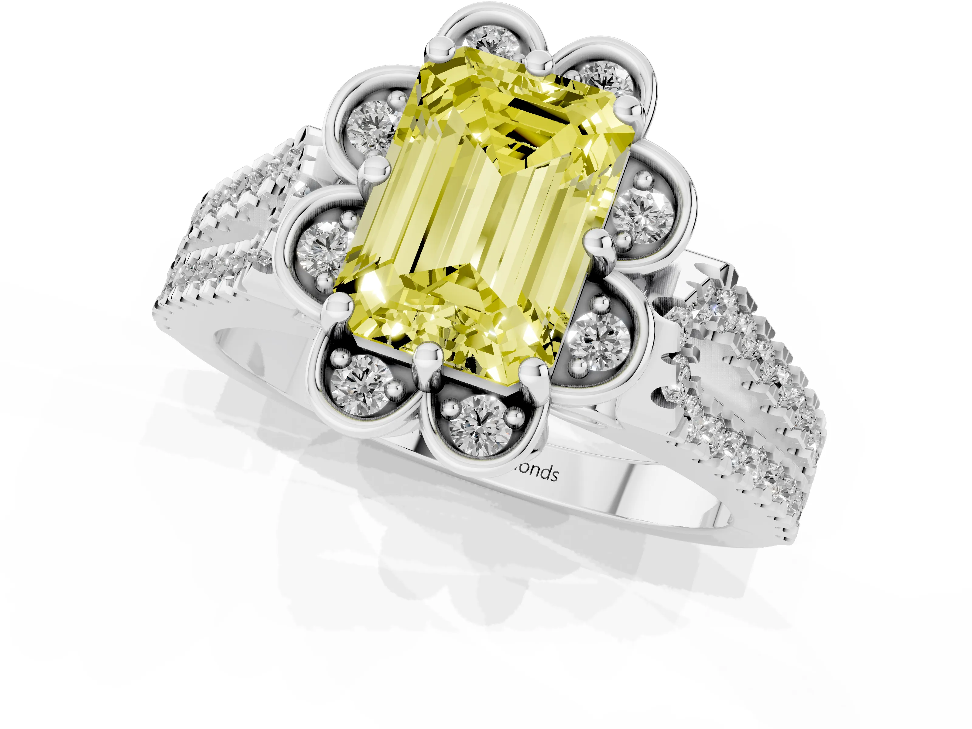 Fancy Yellow Emerald Cut Diamond Floral Halo Split Shank Engagement Ring Set in White gold with Pavé Shank