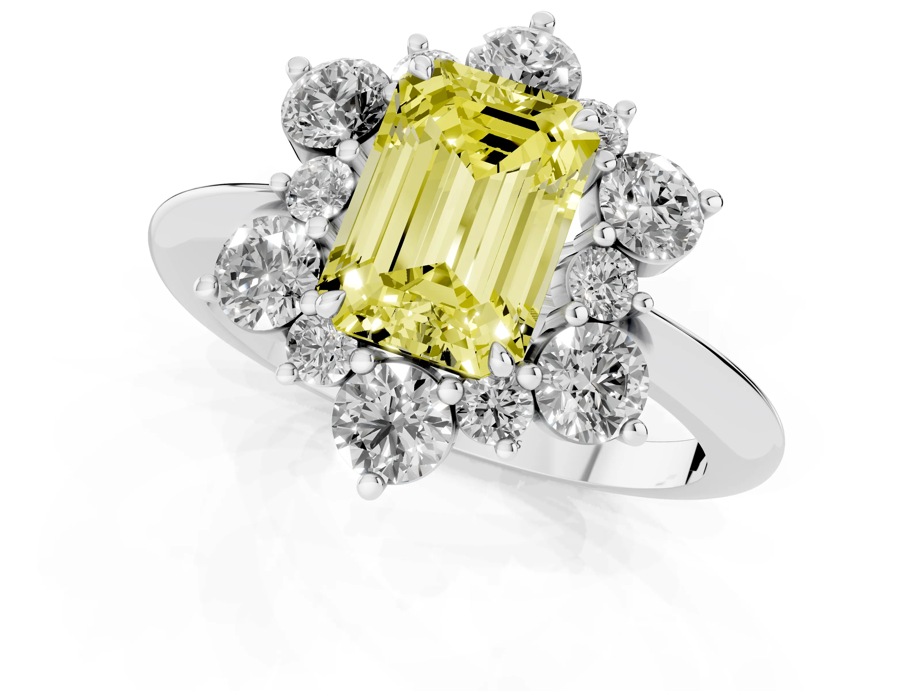 Fancy Yellow Emerald Cut Diamond Cluster Halo Ring Set in White gold with Solitaire Band and Prong Setting