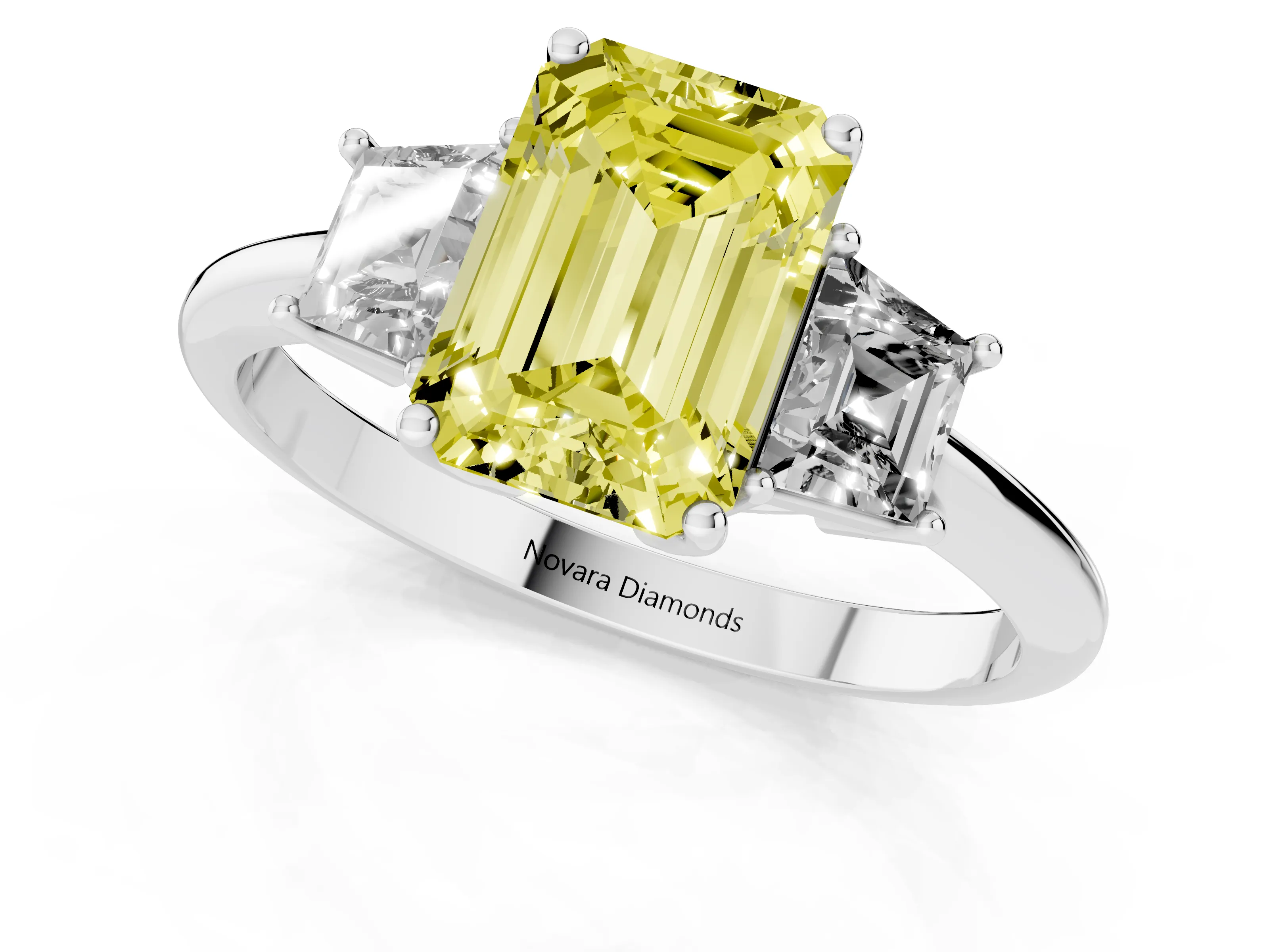 Fancy Yellow Emerald Cut Diamond Three-Stone Ring Set in Silver with Trapezoid Side Stones and Prong Setting