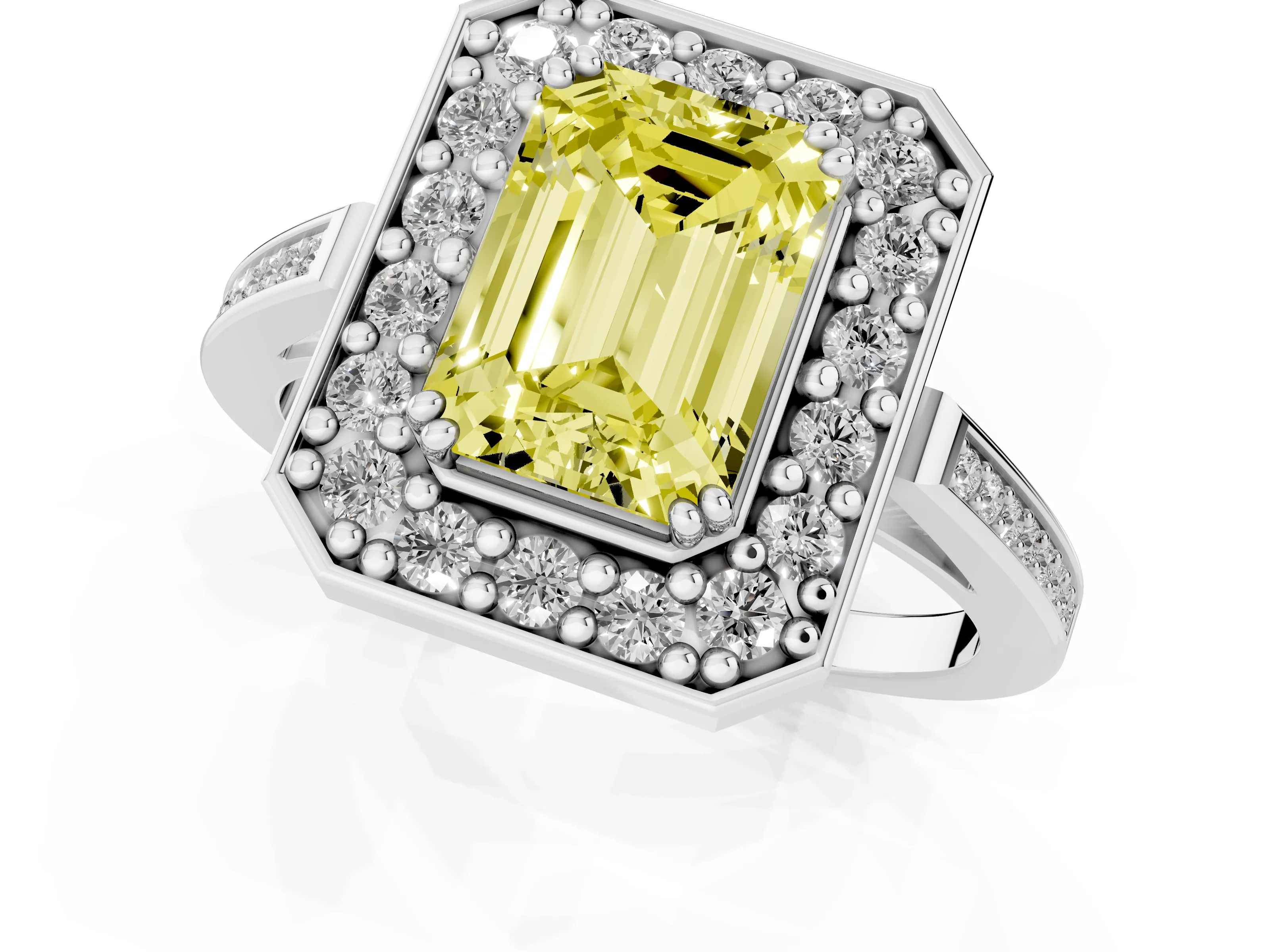 Fancy Yellow Emerald Cut Diamond Halo Ring Set in White gold with Accent-Lined Split Shank and Prong Setting